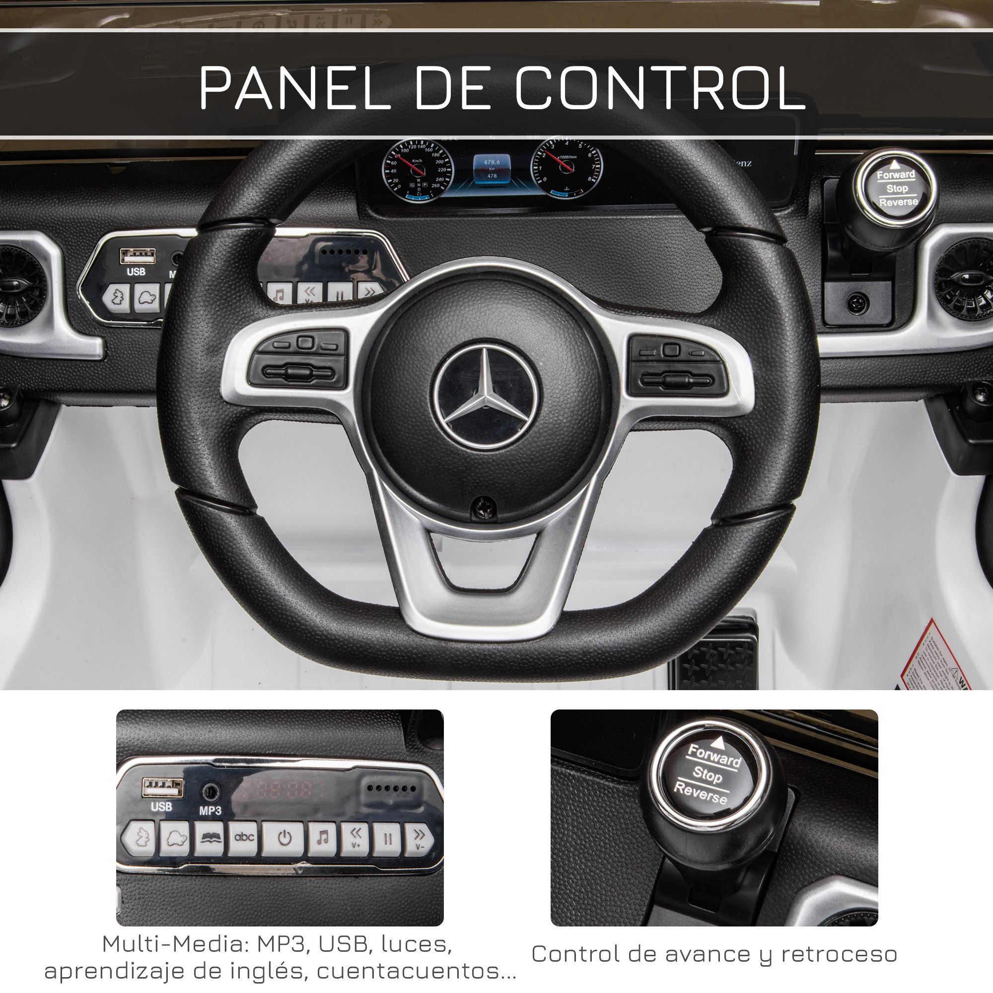 Salpicadero de un coche de juguete blanco con volante y botones de control para avanzar y retroceder.