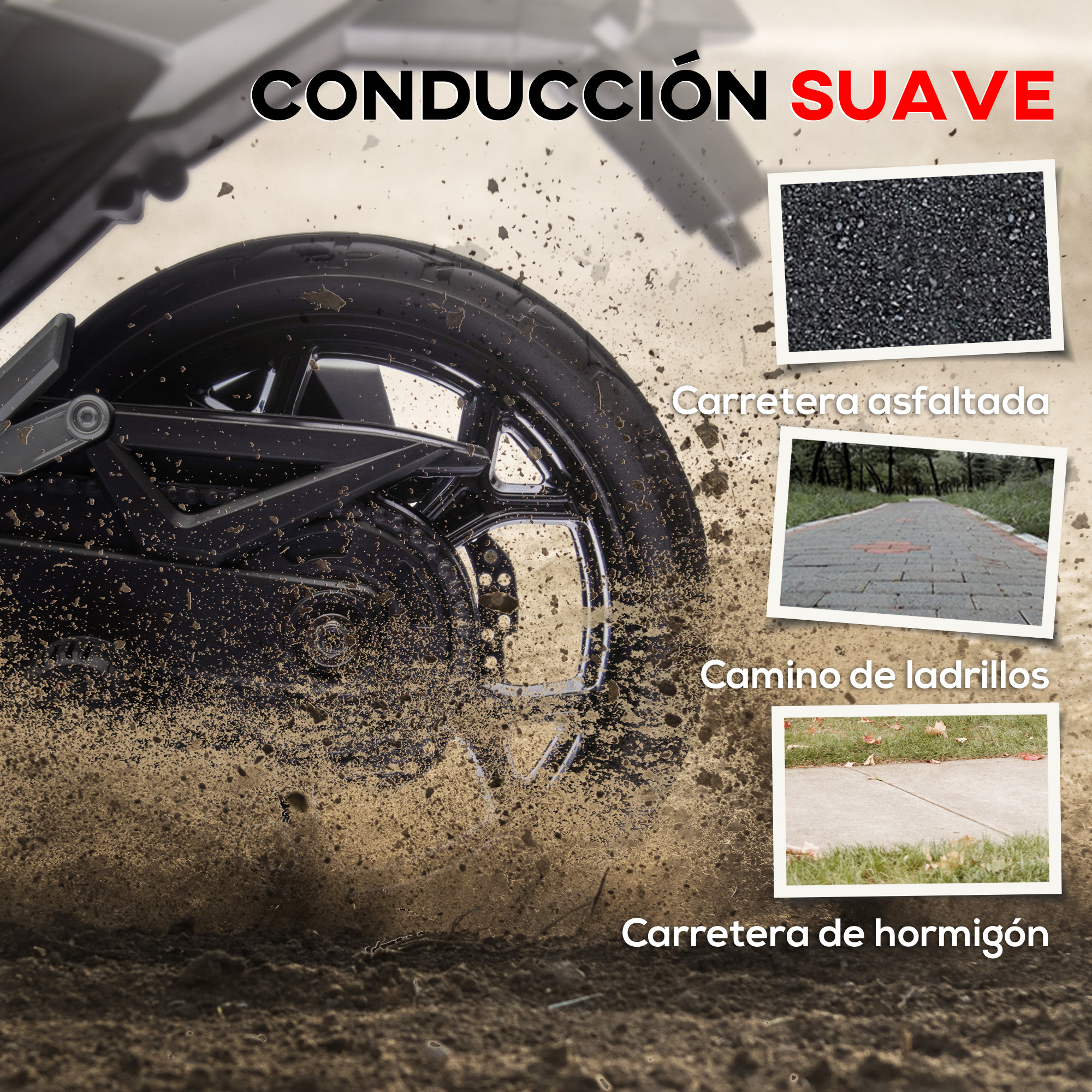 Imagen muestra neumático de coche en movimiento sobre diferentes superficies.