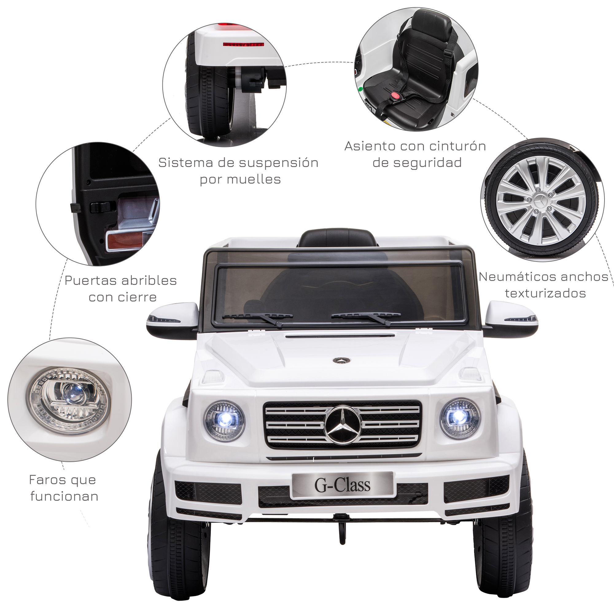 Un coche de juguete blanco con detalles. Incluye faros, puertas que se abren y características de seguridad.