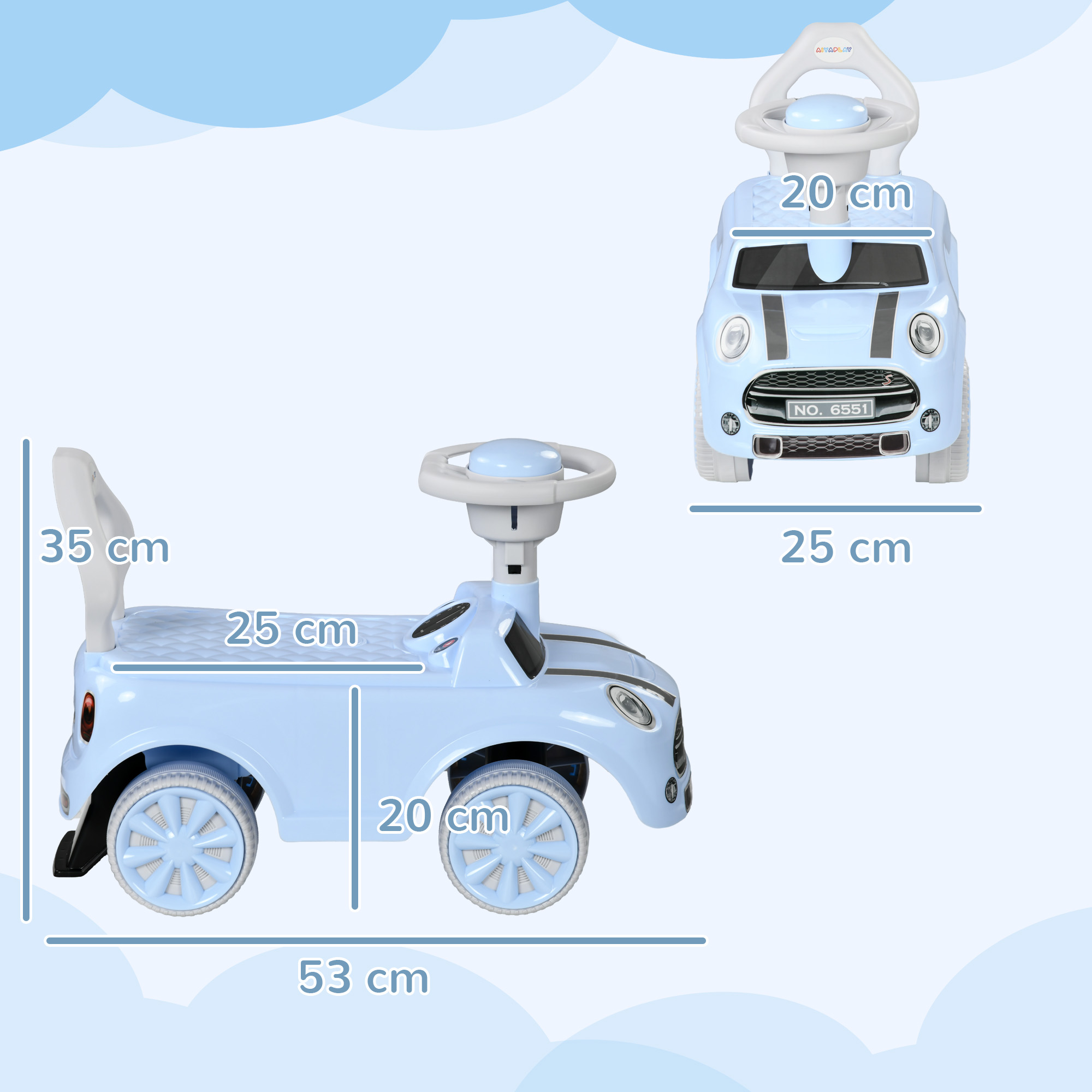 Un coche de juguete azul con dimensiones: 53 cm largo, 35 cm alto, 25 cm ancho.