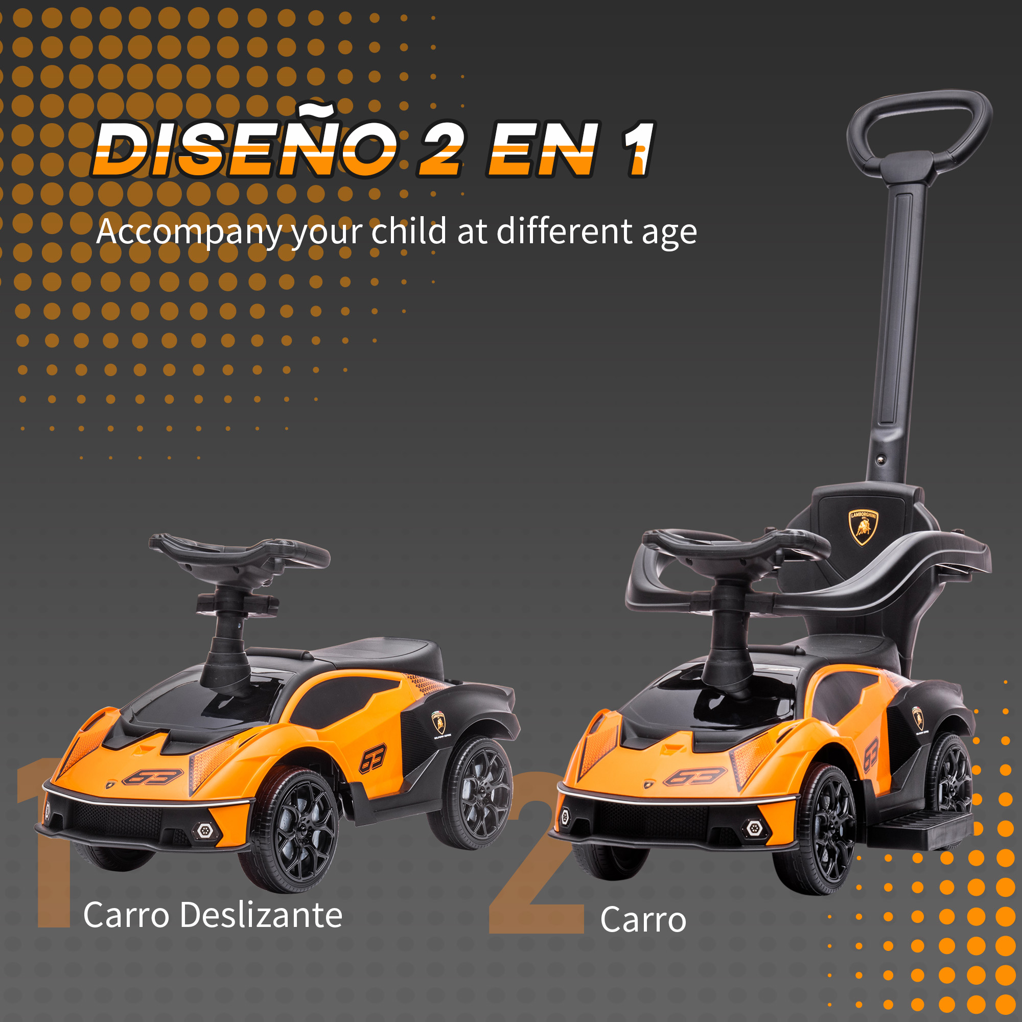 Dos coches de juguete, uno con asa, y texto que dice 'diseño 2 en 1'.