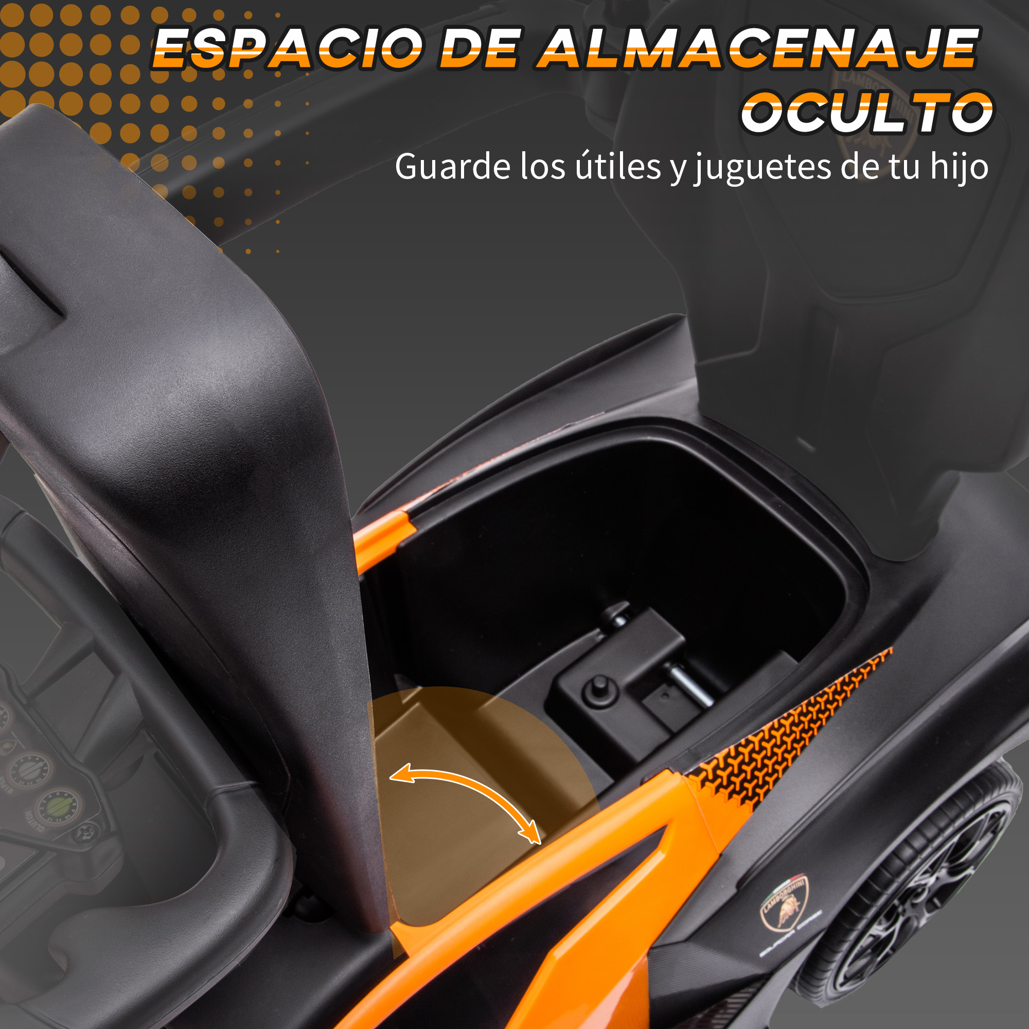 Coche de juguete con espacio de almacenamiento abierto, negro con detalles naranjas, texto en español.