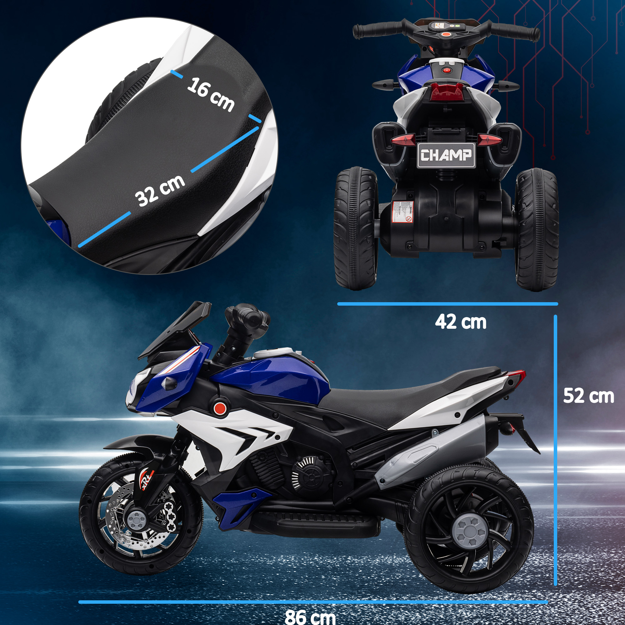 Motocicleta de juguete azul, blanca y negra. Se muestran las dimensiones. Primer plano del asiento y la rueda trasera.