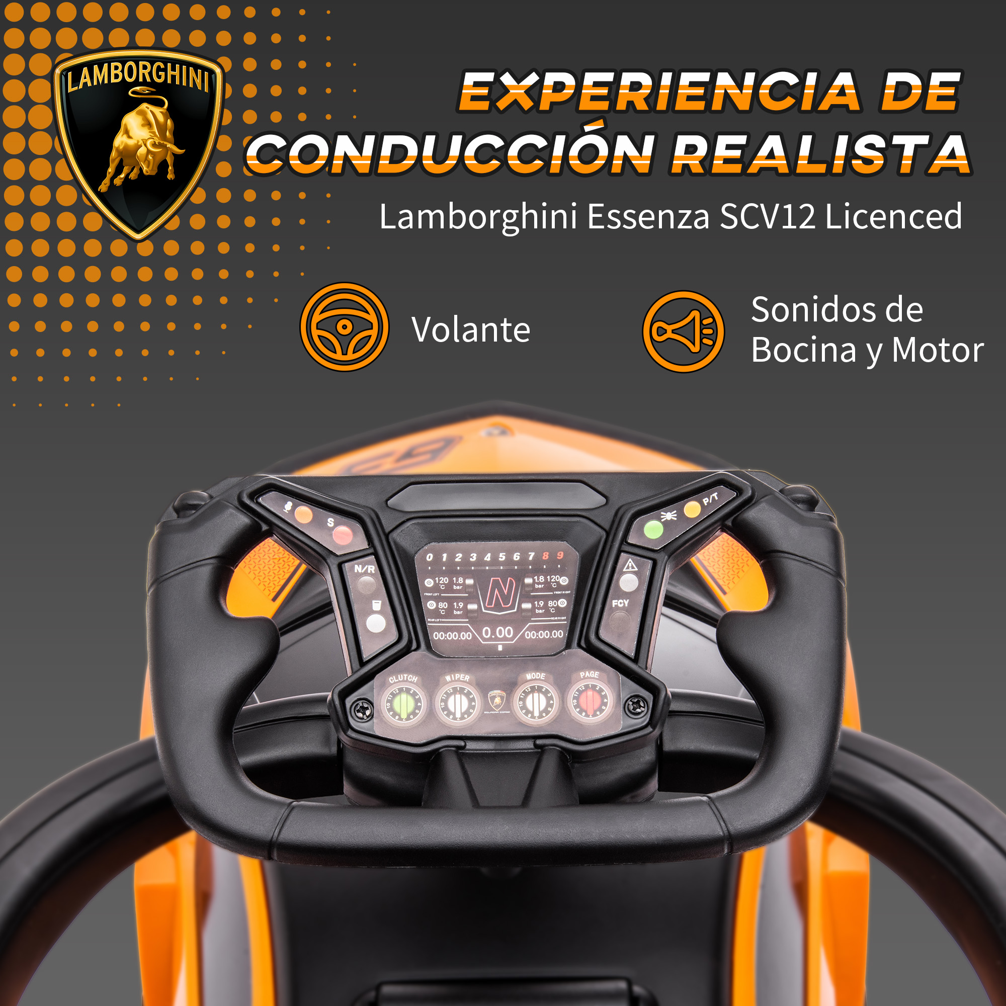 Panel naranja con volante, logo Lamborghini y pantalla digital.