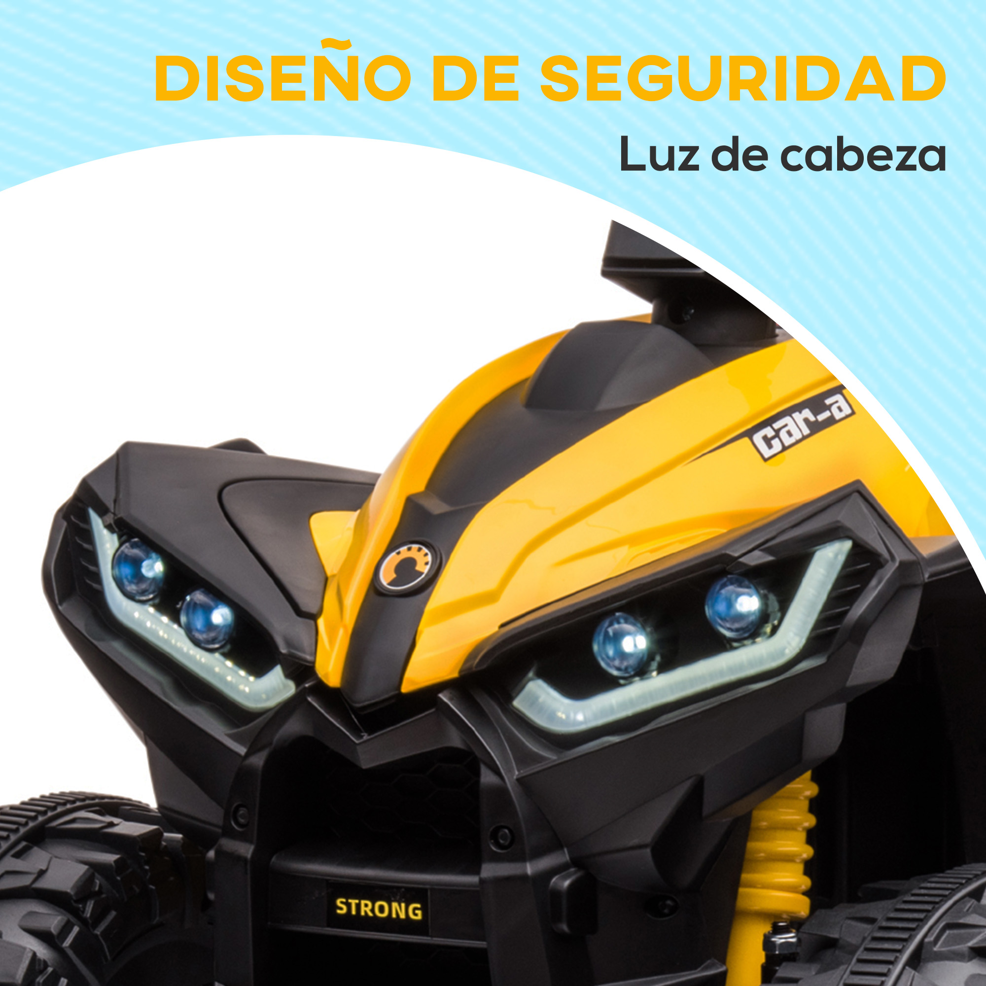 ATV de juguete amarillo y negro. Tiene faros LED y está etiquetado como 'STRONG'.