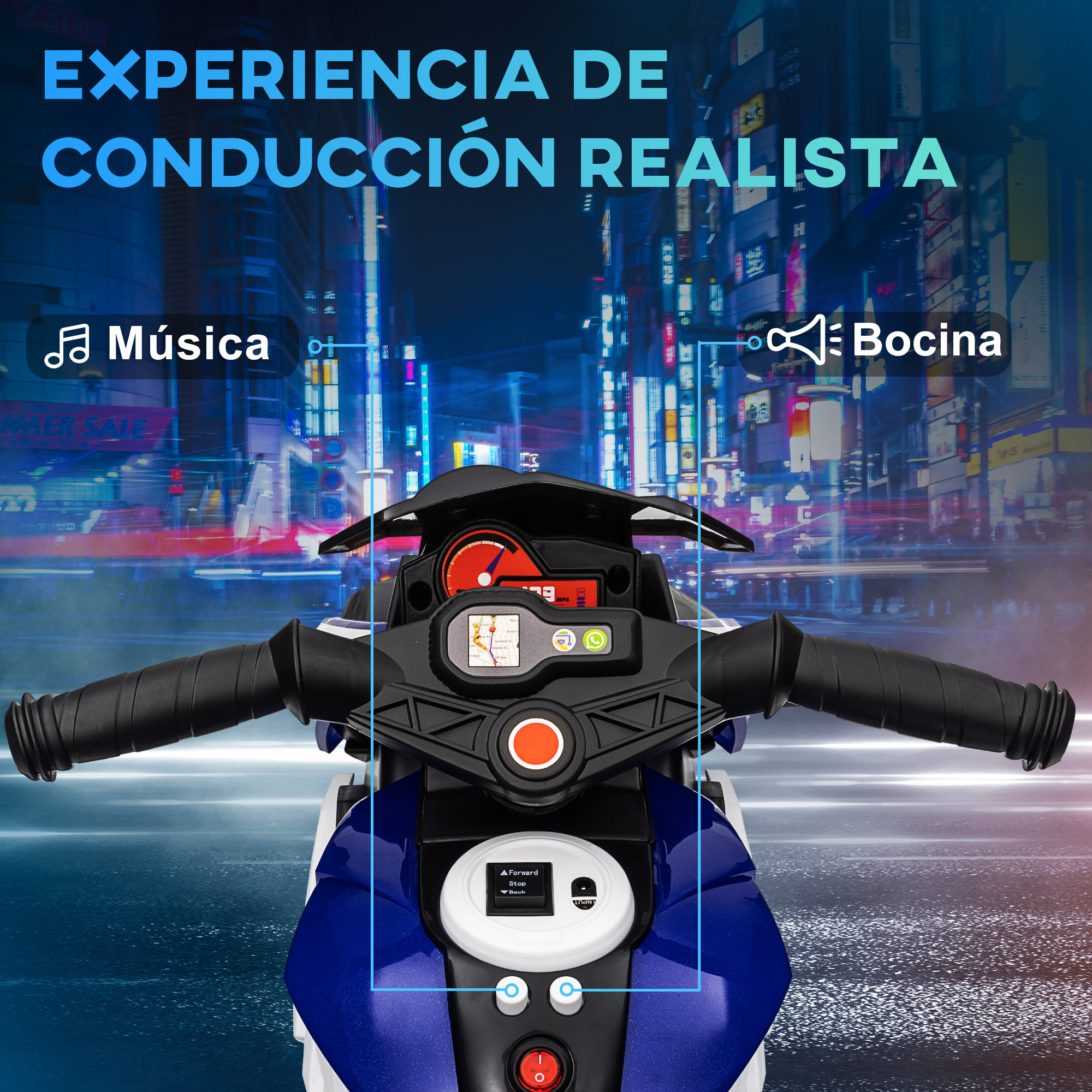 Una motocicleta de juguete con un tablero, un fondo de calle de la ciudad y una superposición de texto que indica una experiencia de conducción realista.