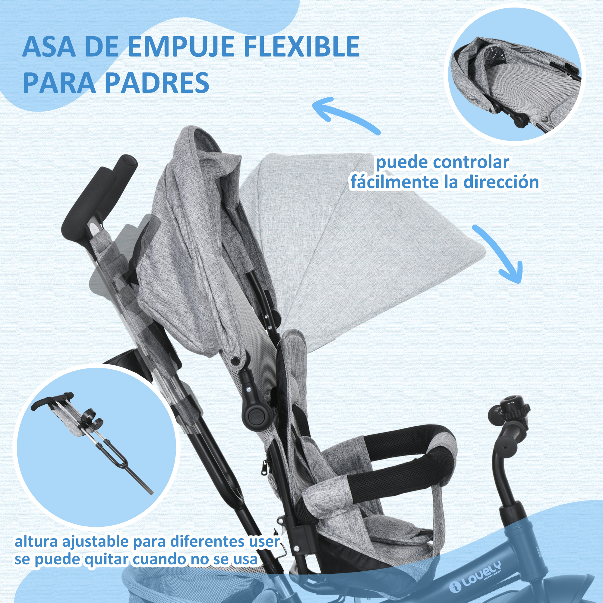Un cochecito de bebé gris y negro con parasol y asa ajustable para padres.