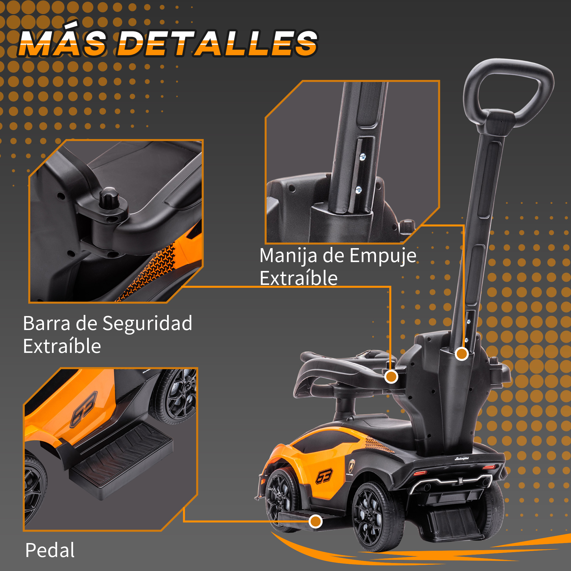 Detalles de un coche de juguete: barra de seguridad, asa extraíble y pedal.