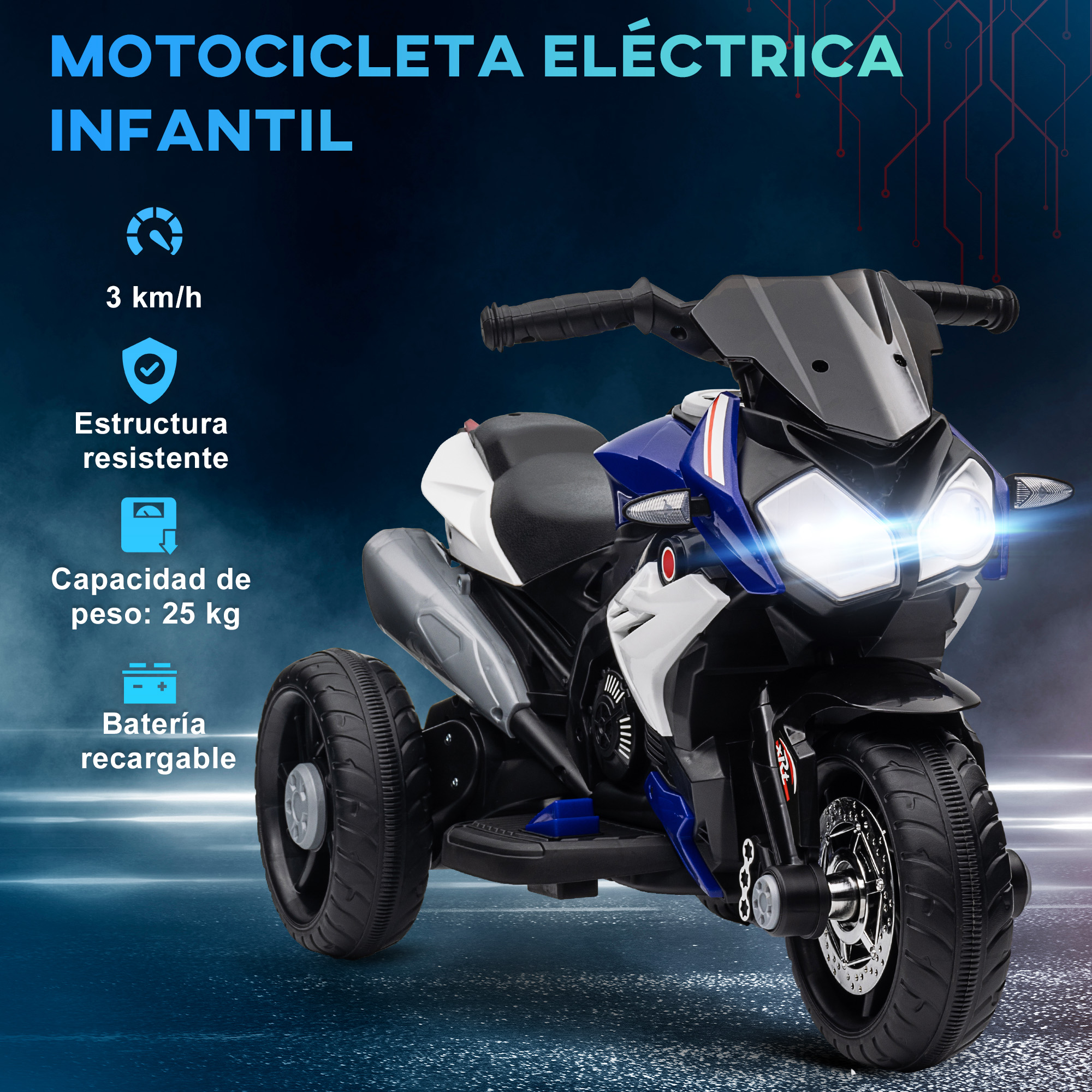 Una motocicleta eléctrica para niños azul y negra con faros y texto indicando características.
