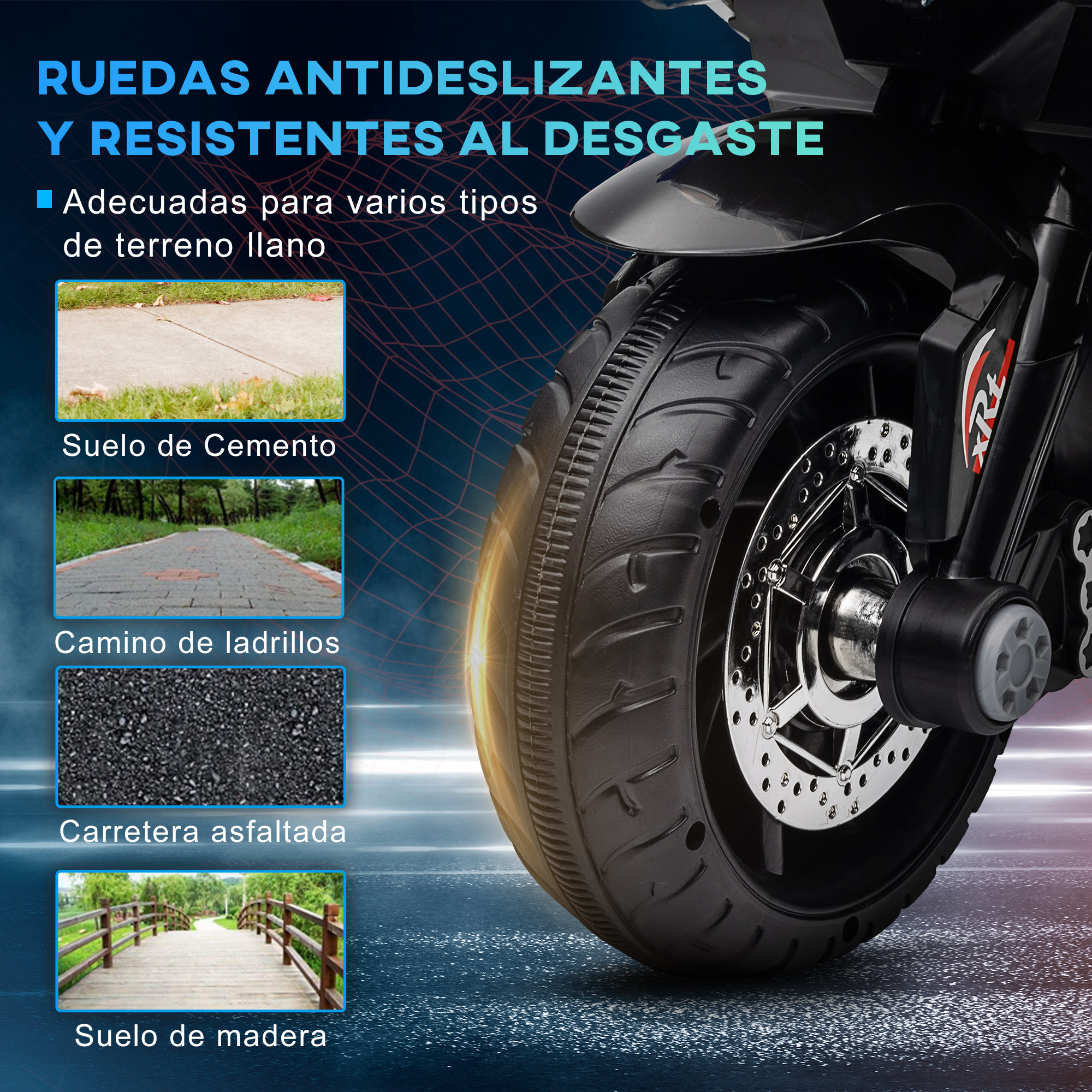 Neumático de motocicleta de juguete negro, con imágenes de diferentes terrenos y texto.