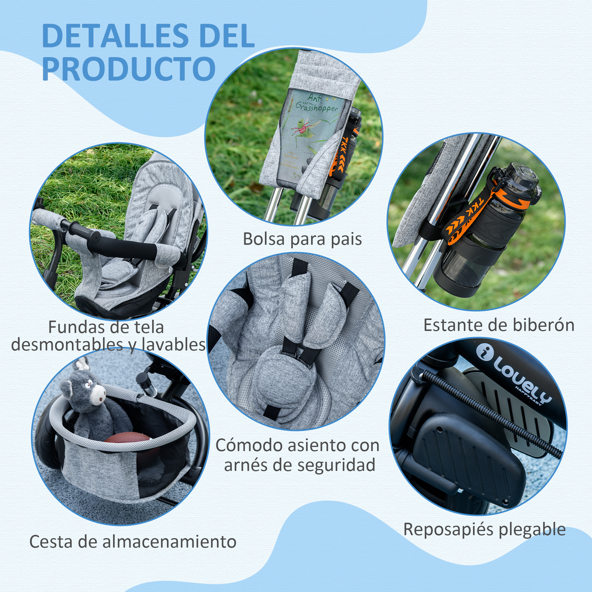 Primer plano de un cochecito con detalles como una bolsa para padres y una cesta de almacenamiento.
