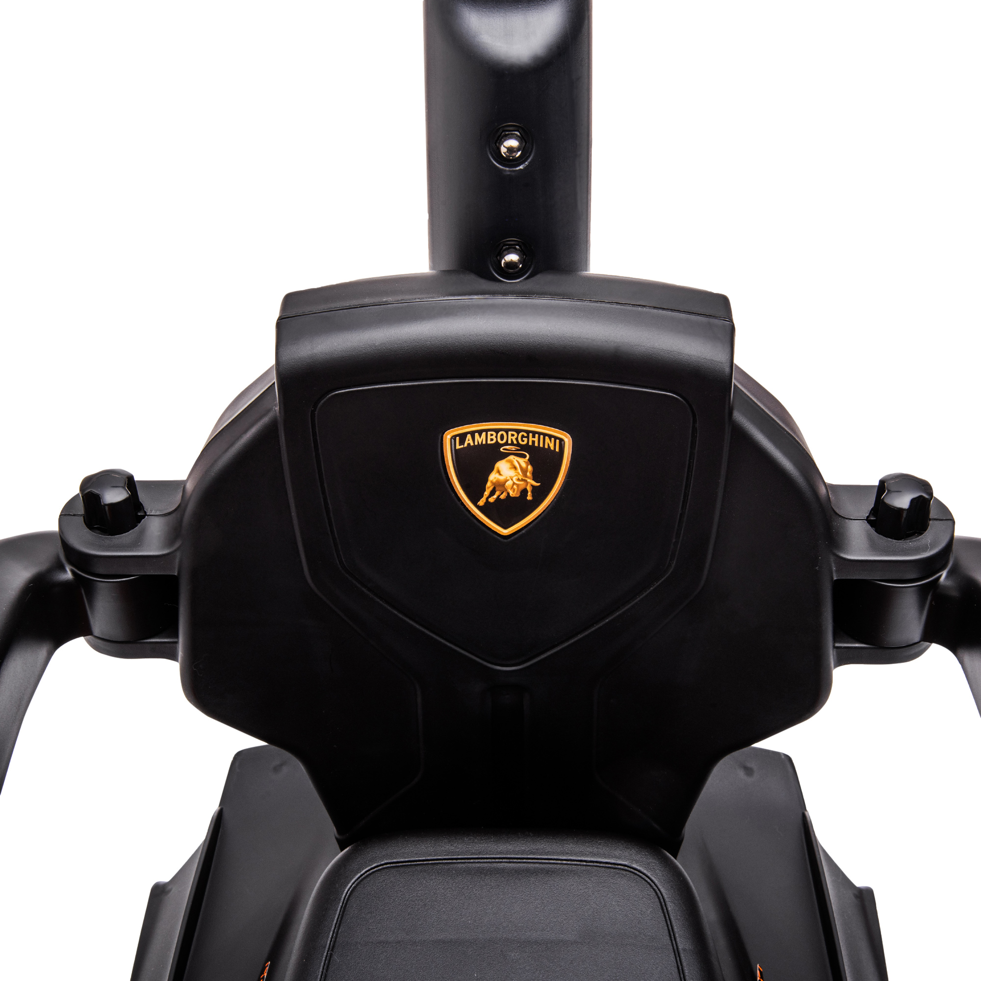 Cruscotto di un'auto giocattolo nera con logo Lamborghini e dettagli.