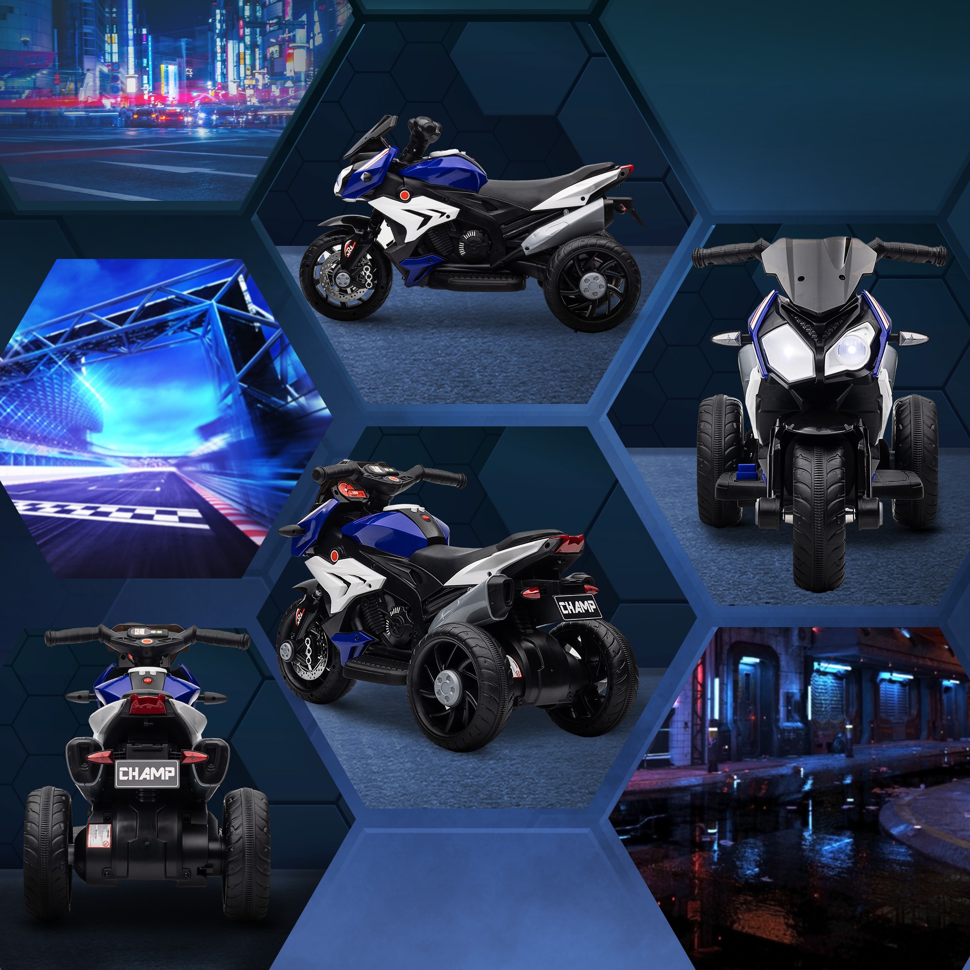Una colección de motos de juguete en varios colores. Están ambientadas en un entorno futurista.