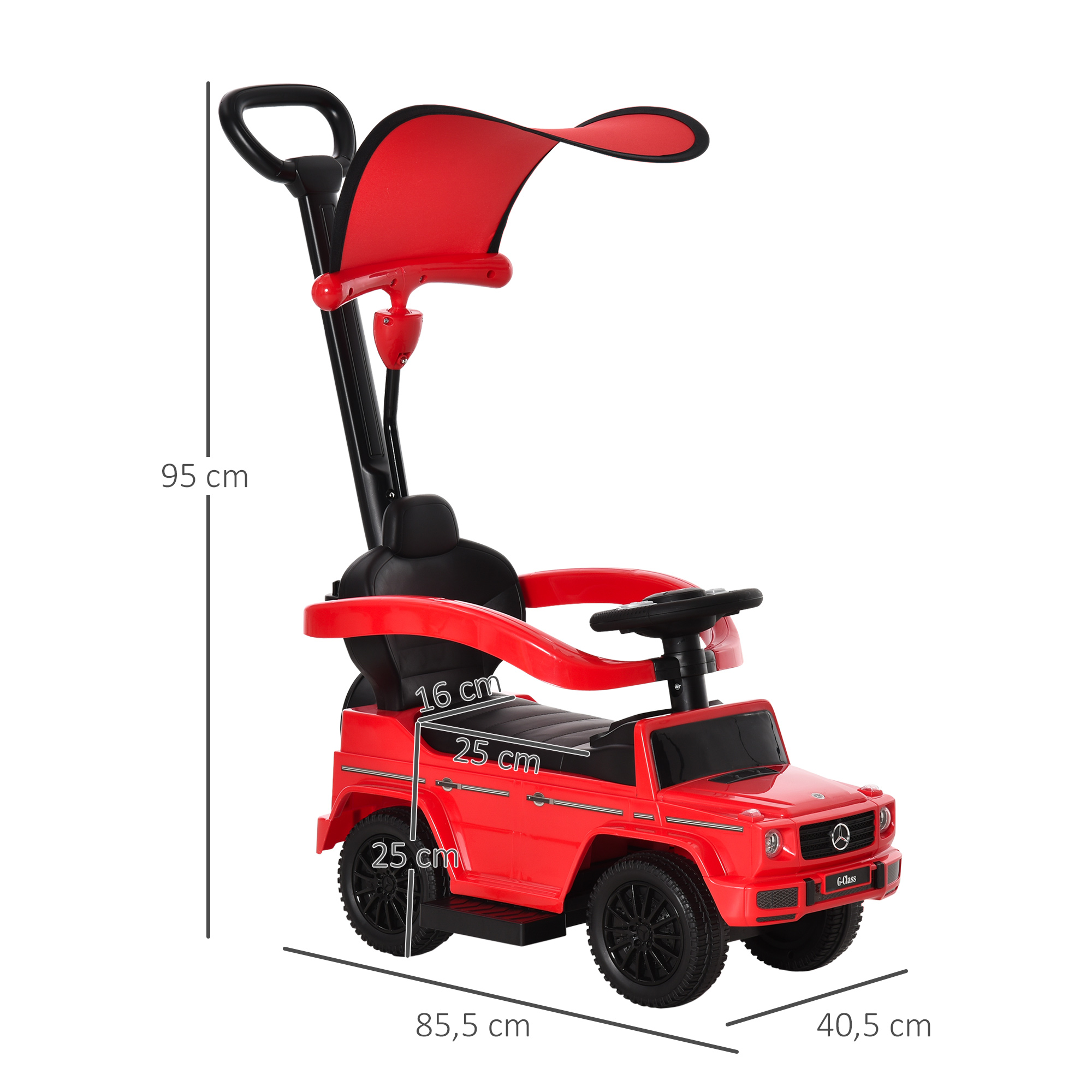 Un'auto giocattolo rossa con maniglia e parasole. Dimensioni in cm. Sfondo bianco.