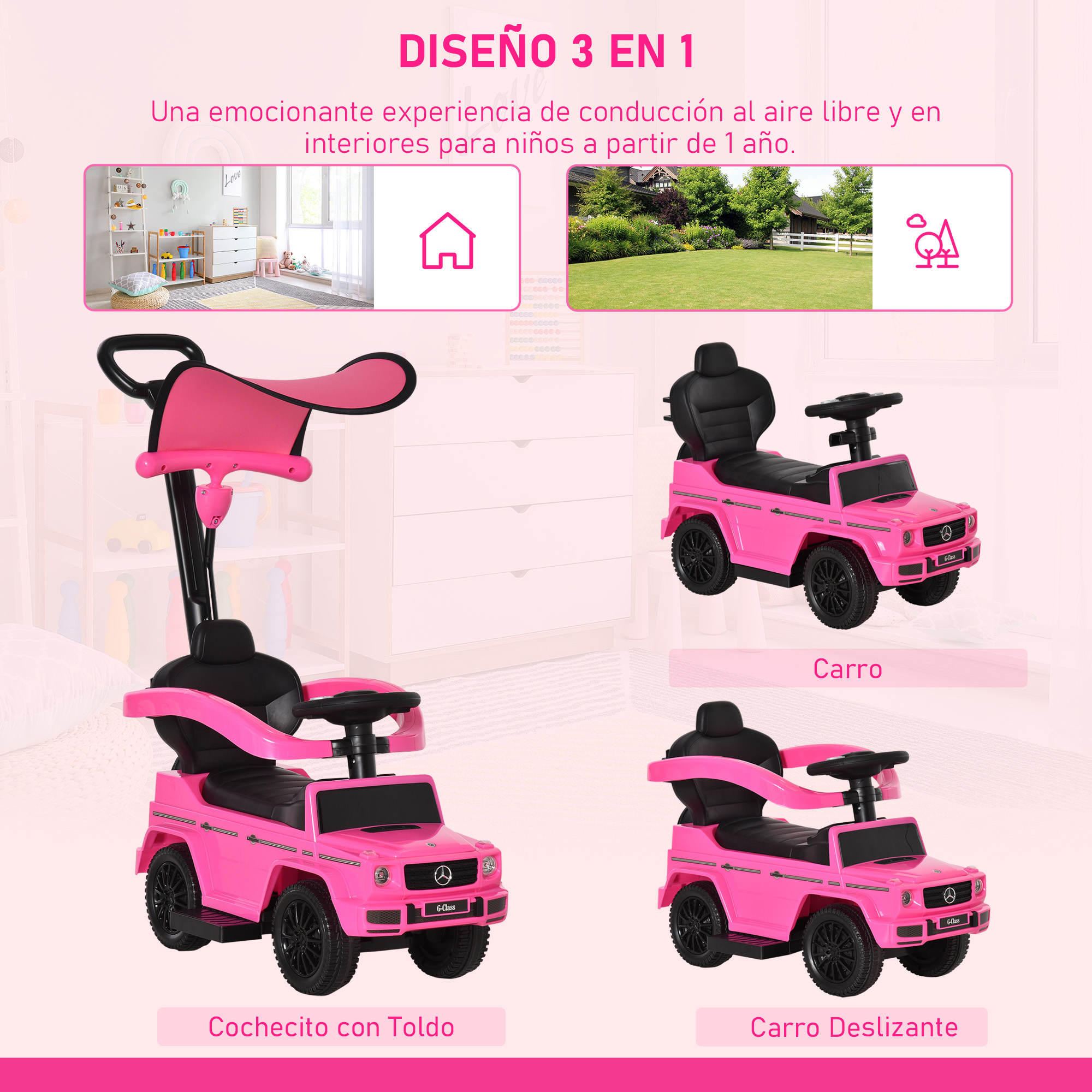 Un coche de juguete rosa con múltiples configuraciones: cochecito, coche deslizante y coche, para niños de 1+ años.