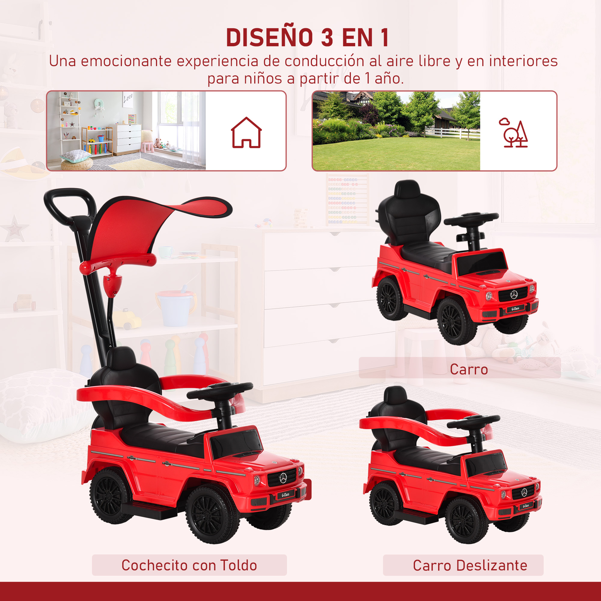 Tres coches de juguete rojos. Uno con toldo, un coche y un coche deslizante. Todos sobre una superficie blanca.