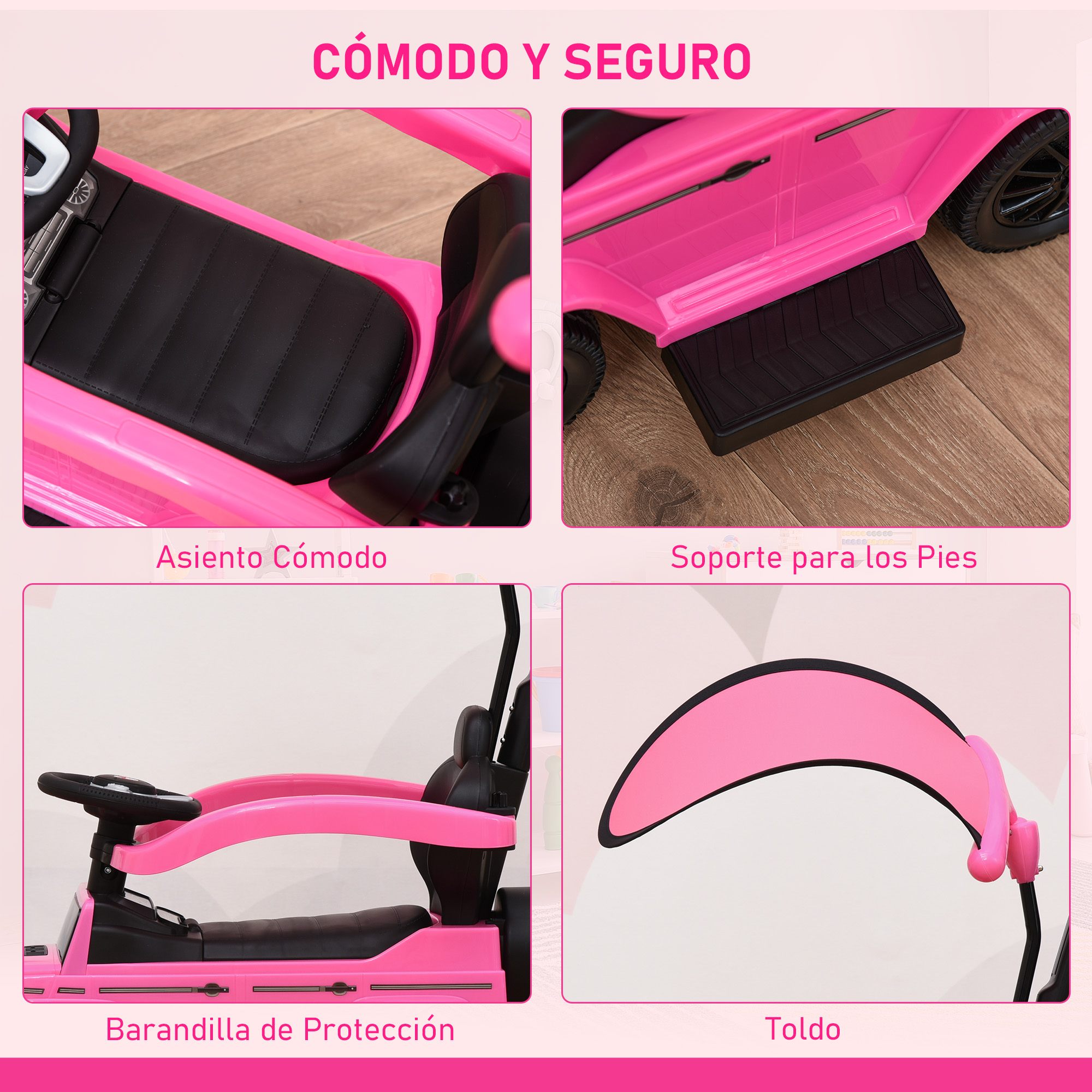 Primeros planos del interior de un coche de juguete rosa: se muestran un asiento cómodo, soporte para los pies, una barra de protección y una visera.