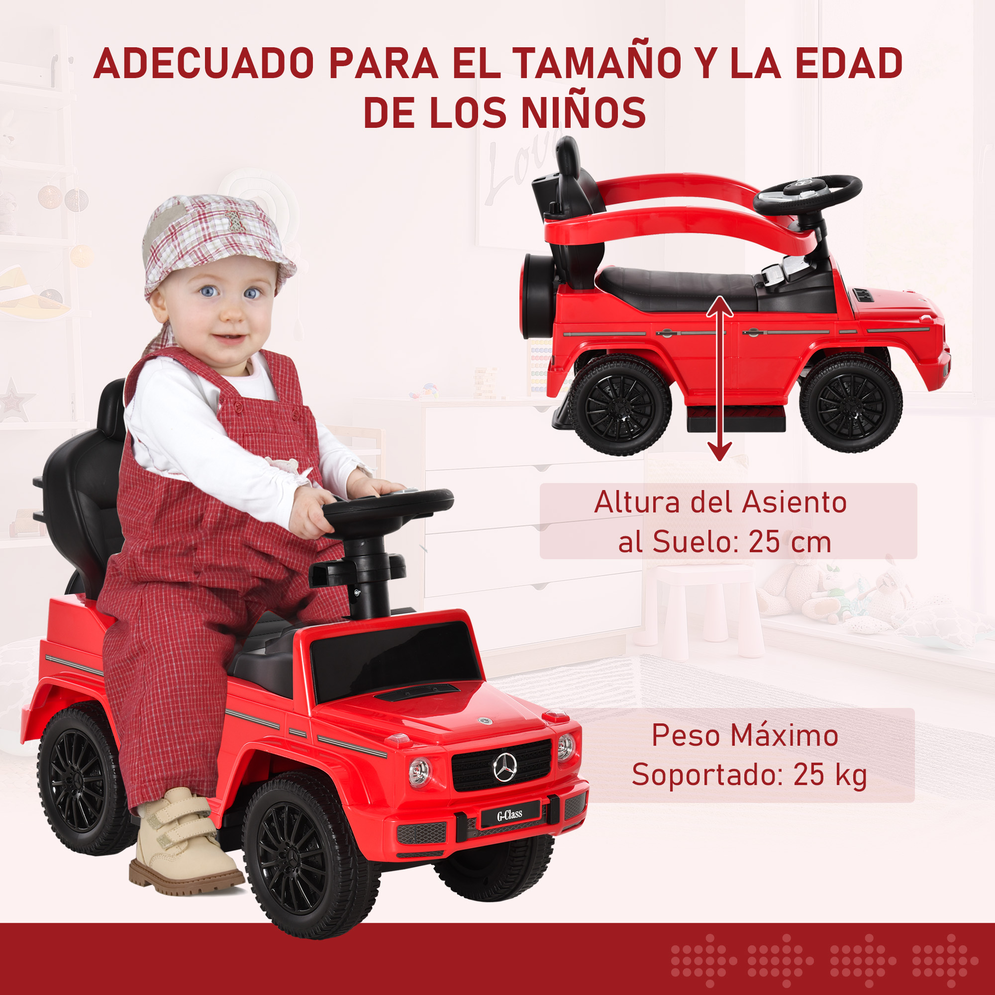 Un coche de juguete rojo G-Class con un niño, junto a un texto con dimensiones.