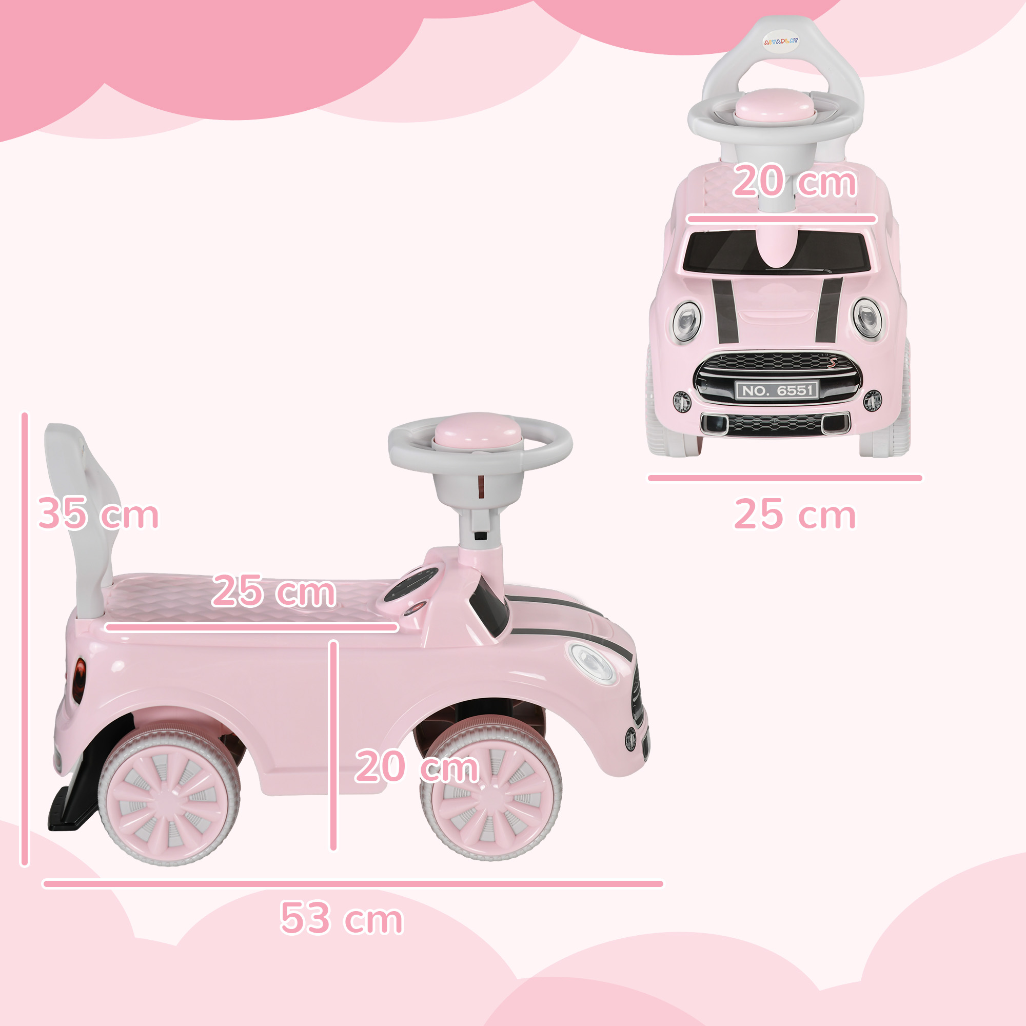 Coche de juguete rosa con dimensiones: 53 cm largo, 35 cm alto y 25 cm ancho.