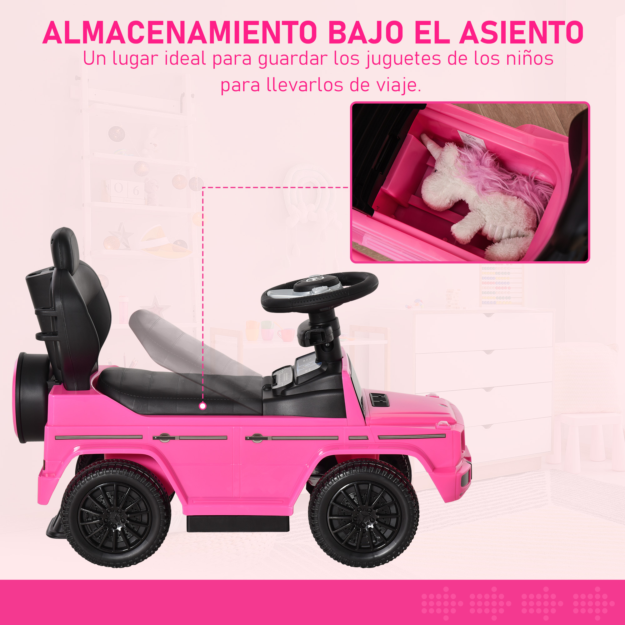 Coche de juguete rosa con ruedas negras. Tiene almacenamiento bajo el asiento. Un unicornio está dentro.