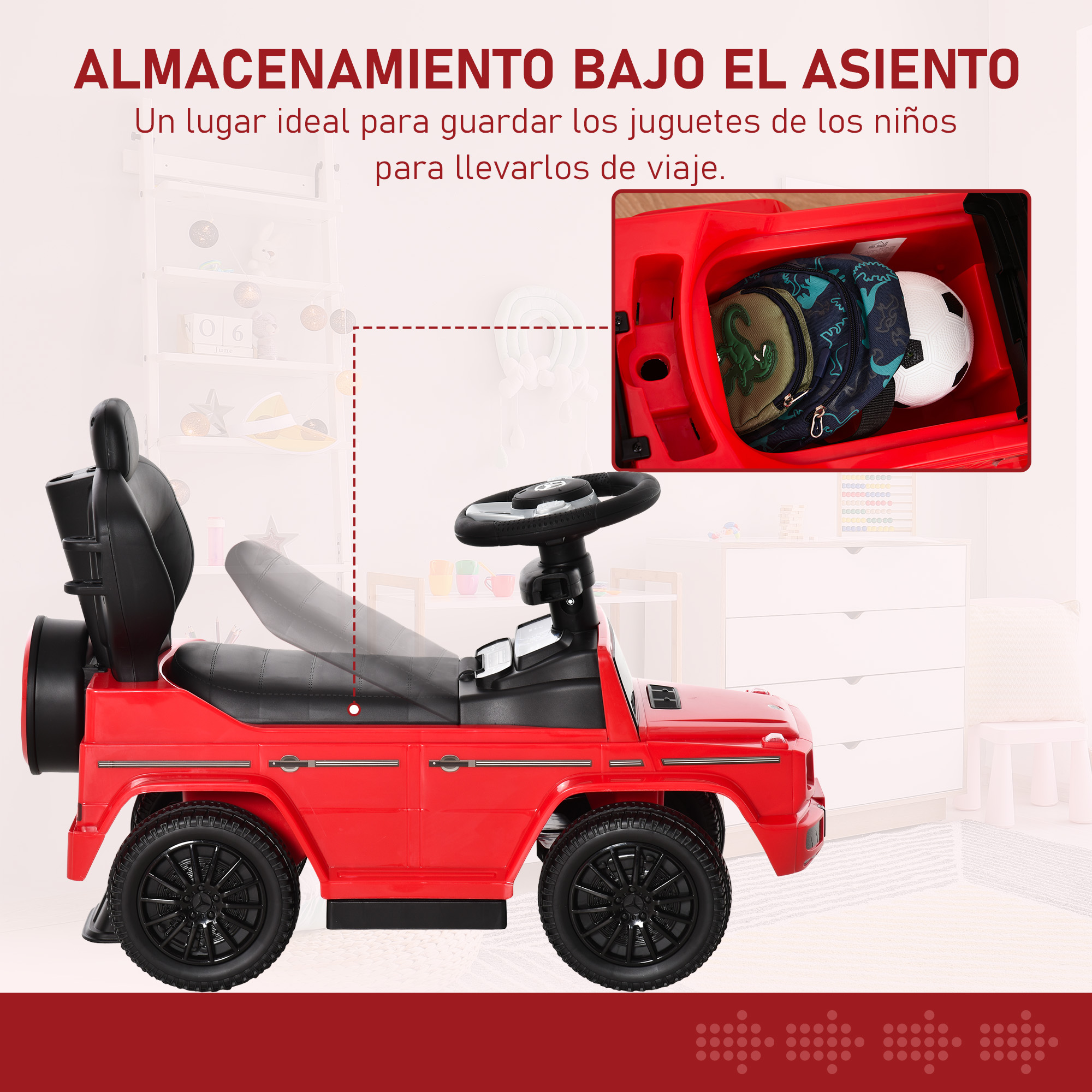 Coche de juguete rojo con almacenamiento debajo del asiento, con vista detallada del compartimento.
