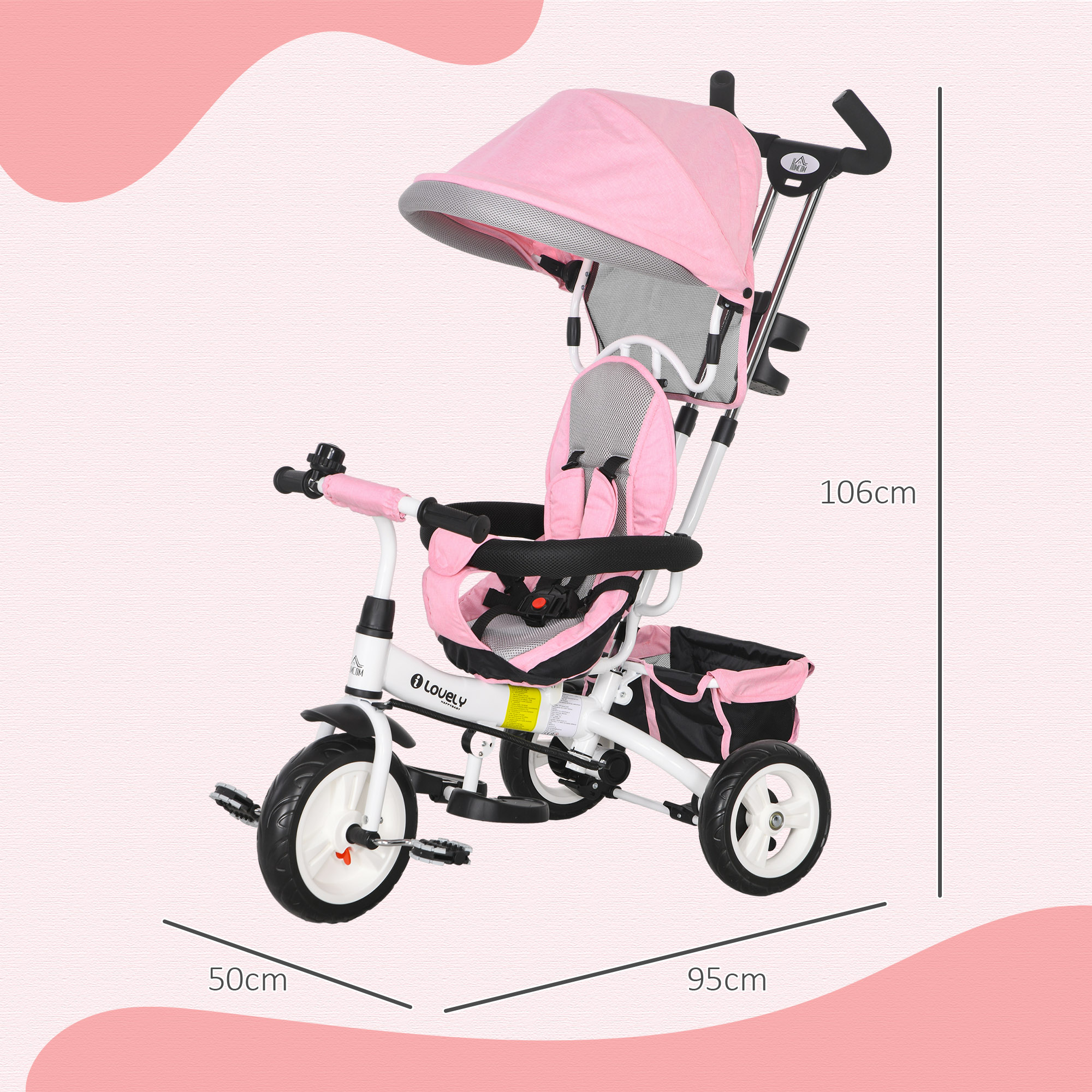 Un triciclo rosa y blanco con parasol, dimensiones: 50x95x106cm.