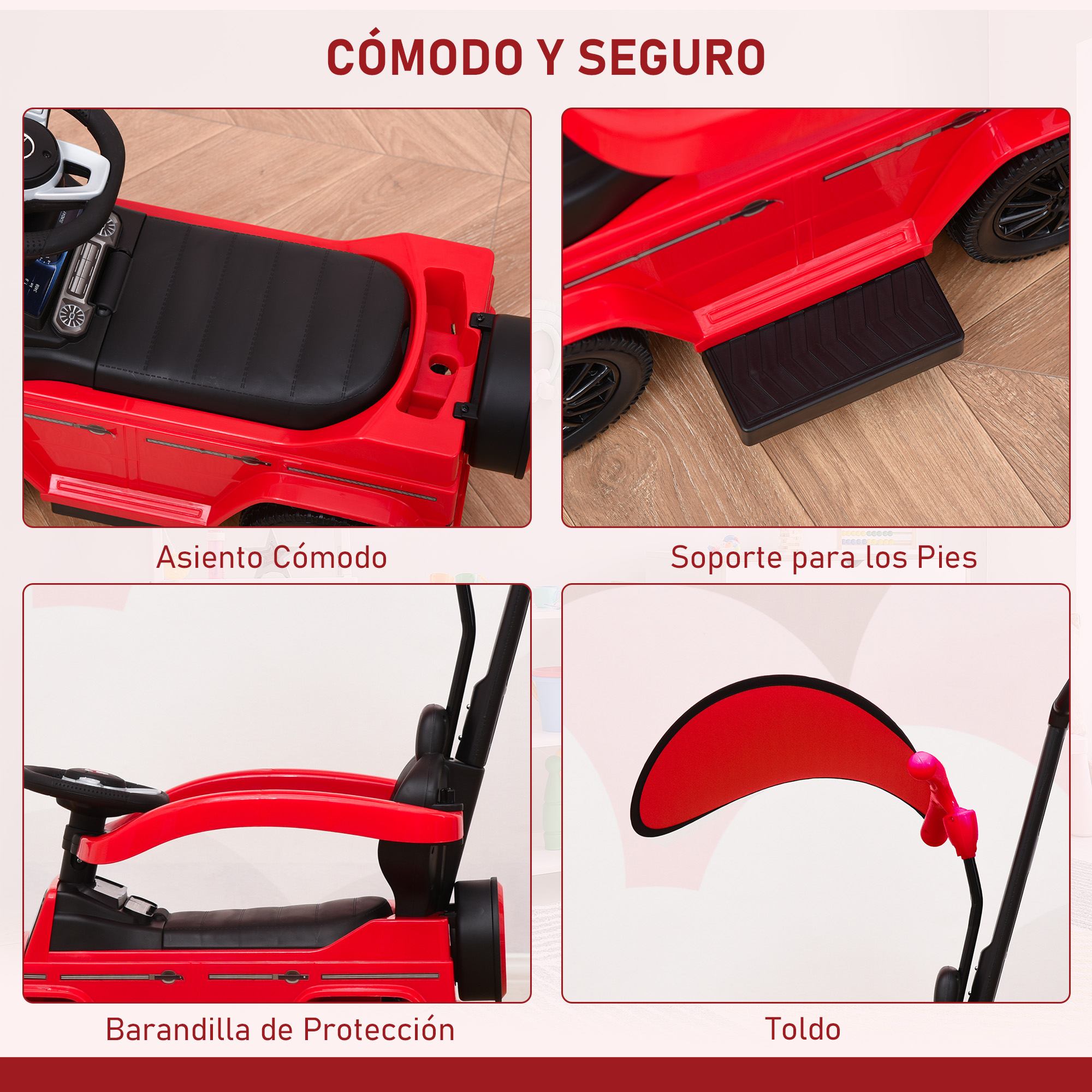 Primeros planos de un coche de juguete rojo, destacando su asiento cómodo, reposapiés y barandilla protectora con toldo.
