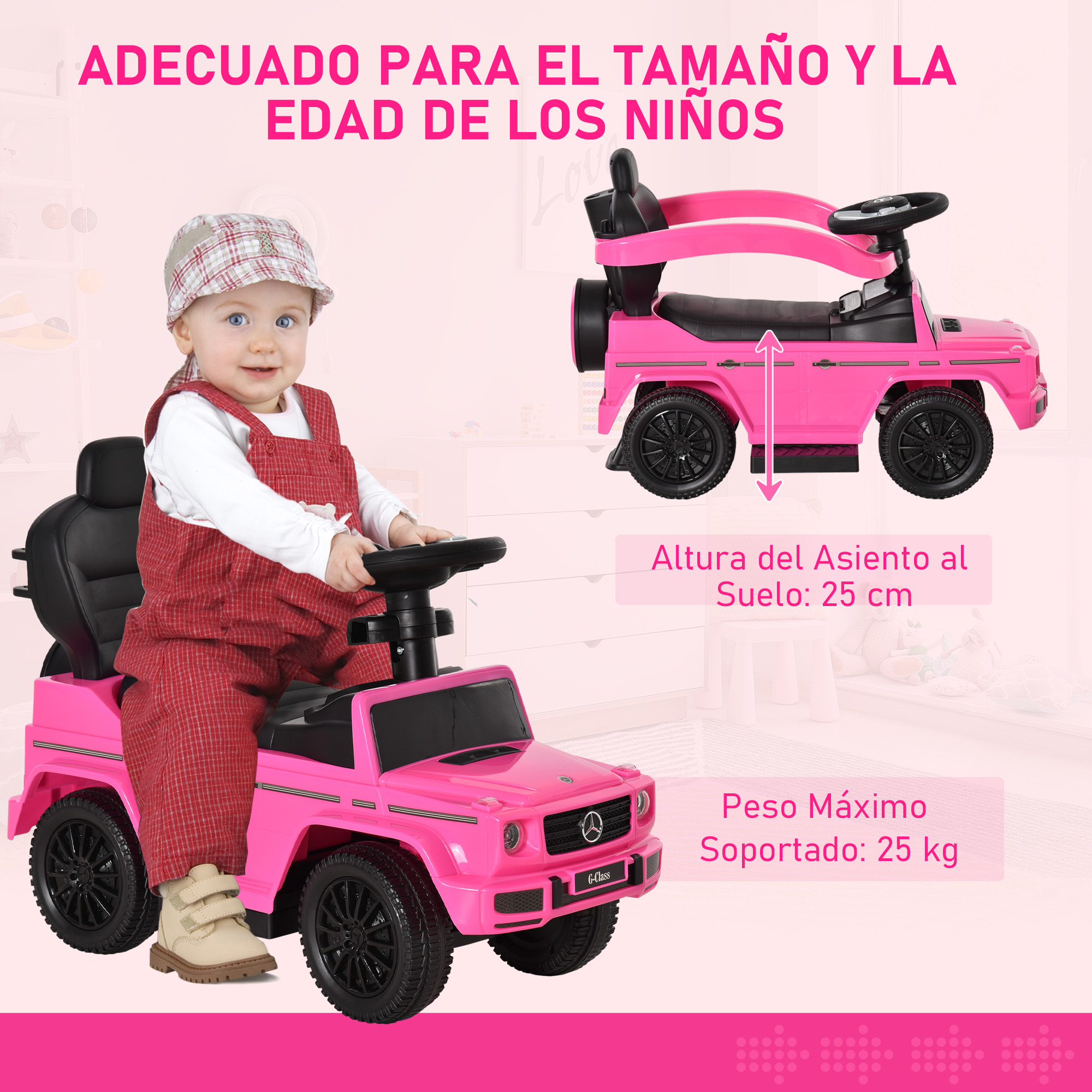Un coche de juguete rosa con un niño sentado. Se proporcionan dimensiones y peso en texto español.