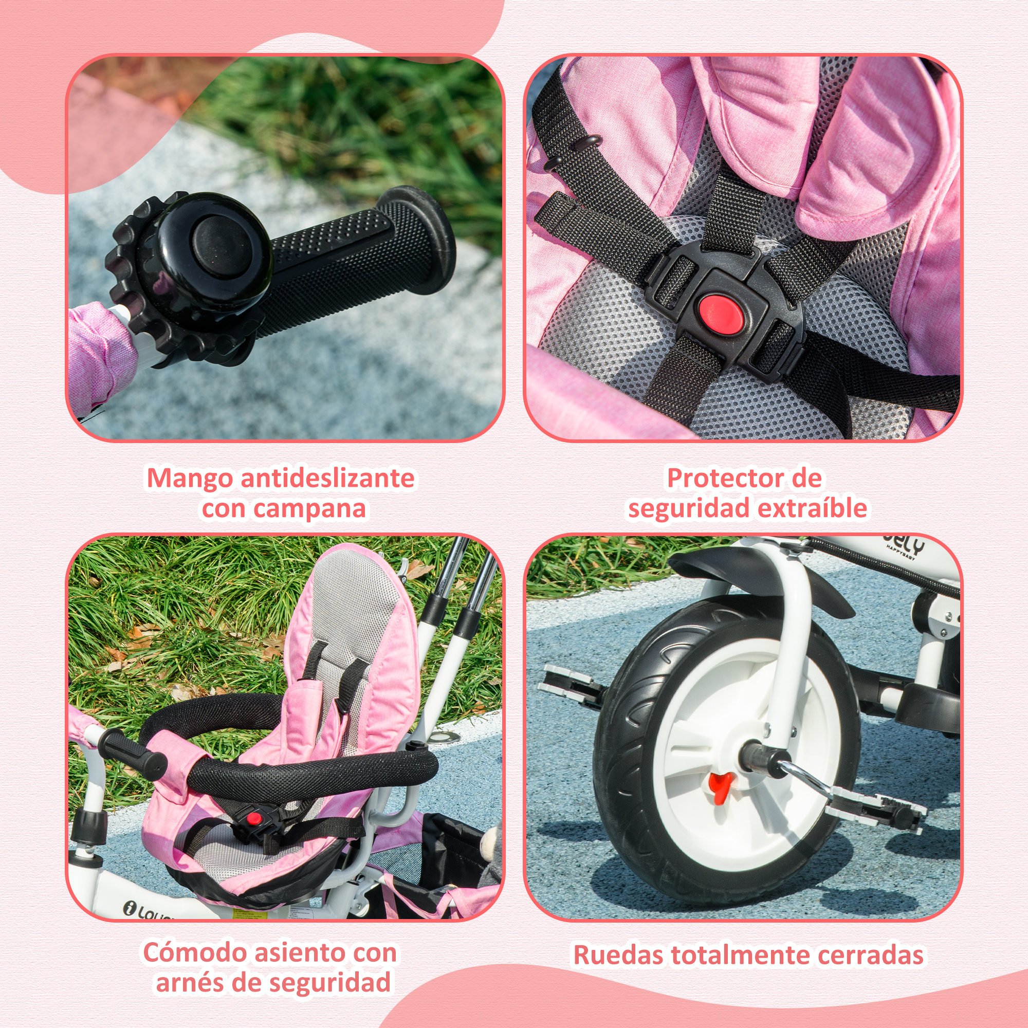 Un triciclo rosa con varios detalles. Muestra un manillar con timbre, un arnés de seguridad y un reposapiés.