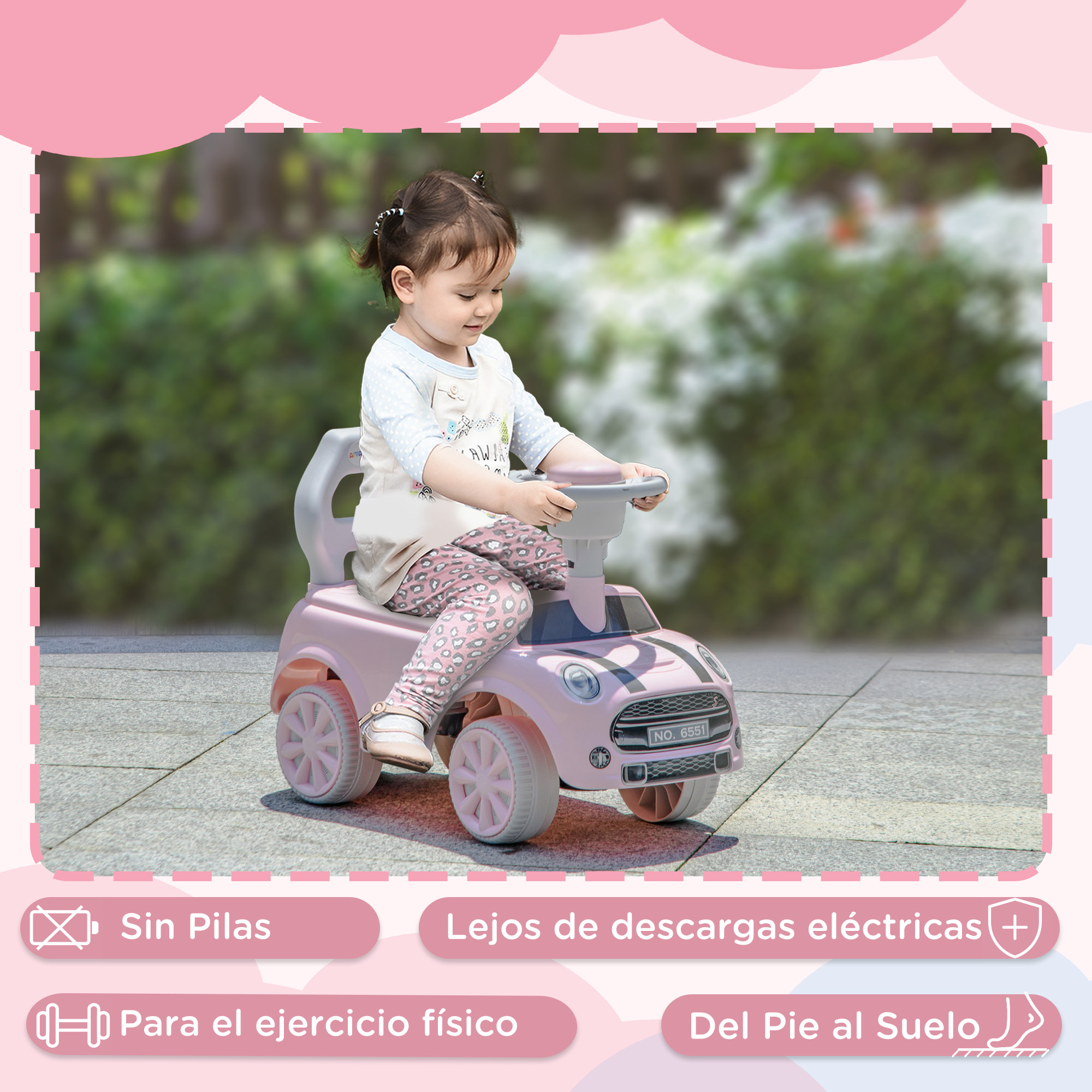 Niña en un coche de juguete rosa, rodeada de iconos de seguridad. Fondo claro.