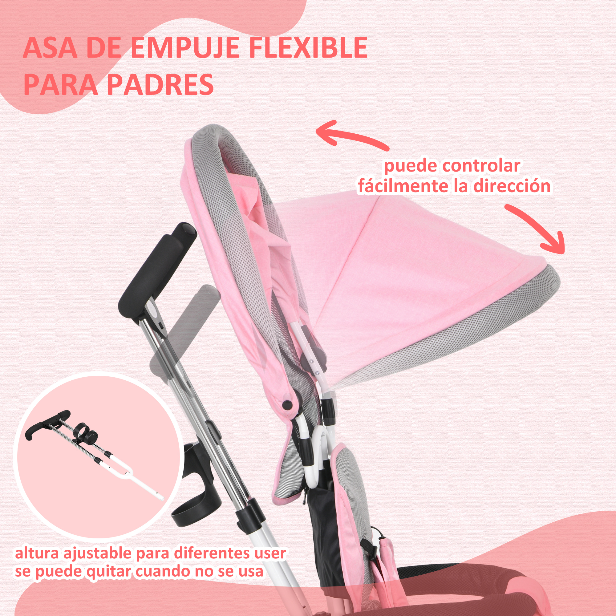Manillar de cochecito rosa con altura ajustable y parasol.