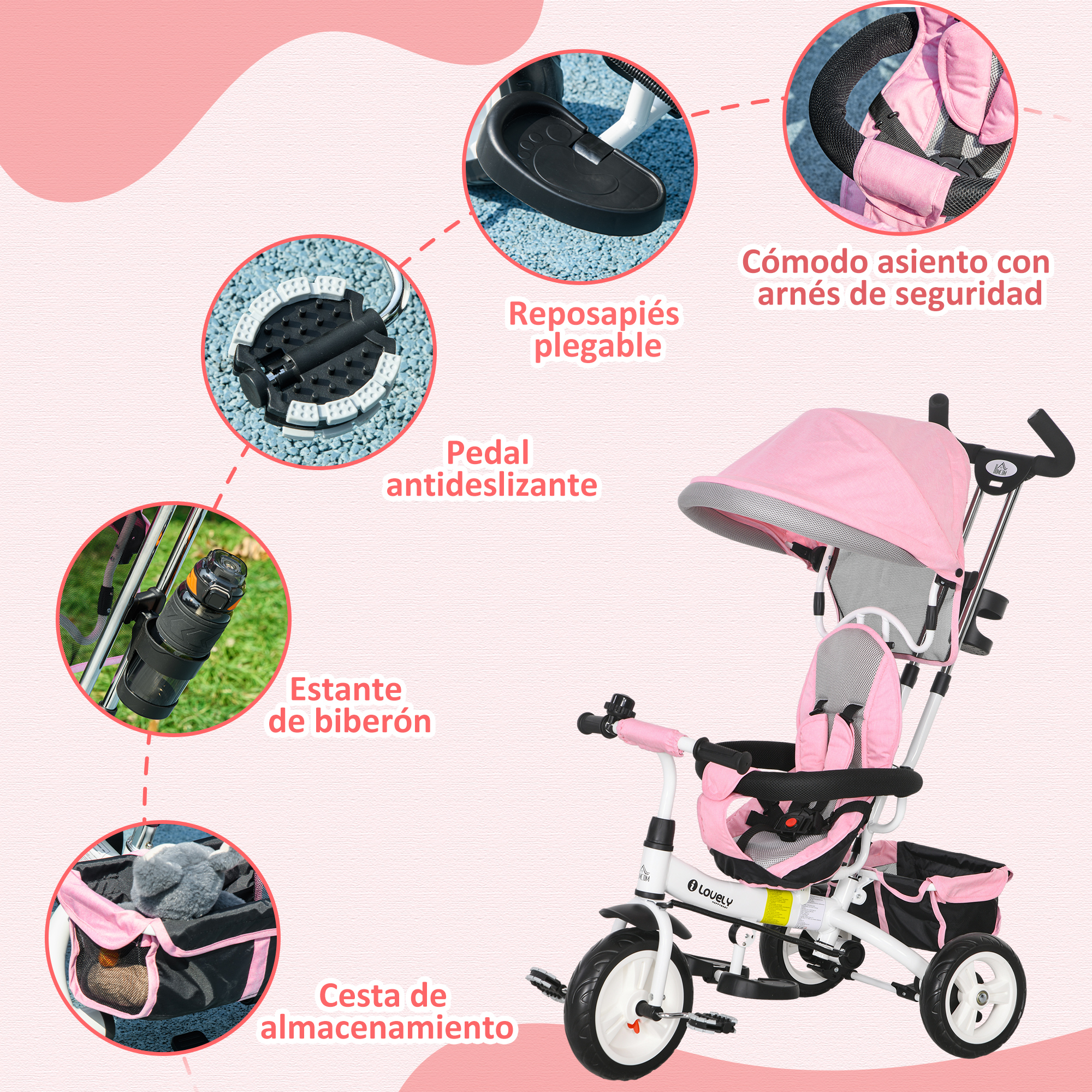 Cochecito de bebé rosa y blanco con características: parasol, almacenamiento y arnés de seguridad.