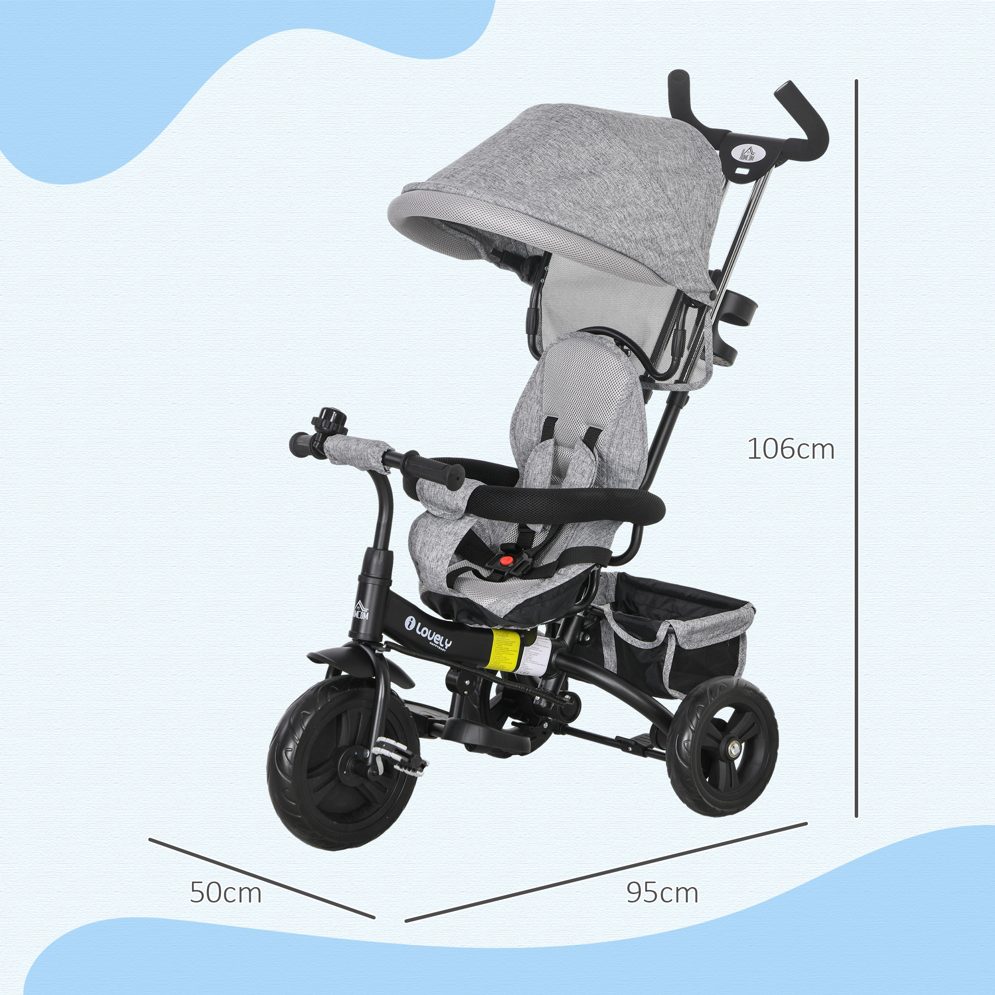 Un triciclo per bambini grigio e nero con parasole, misura 50x95x106cm.
