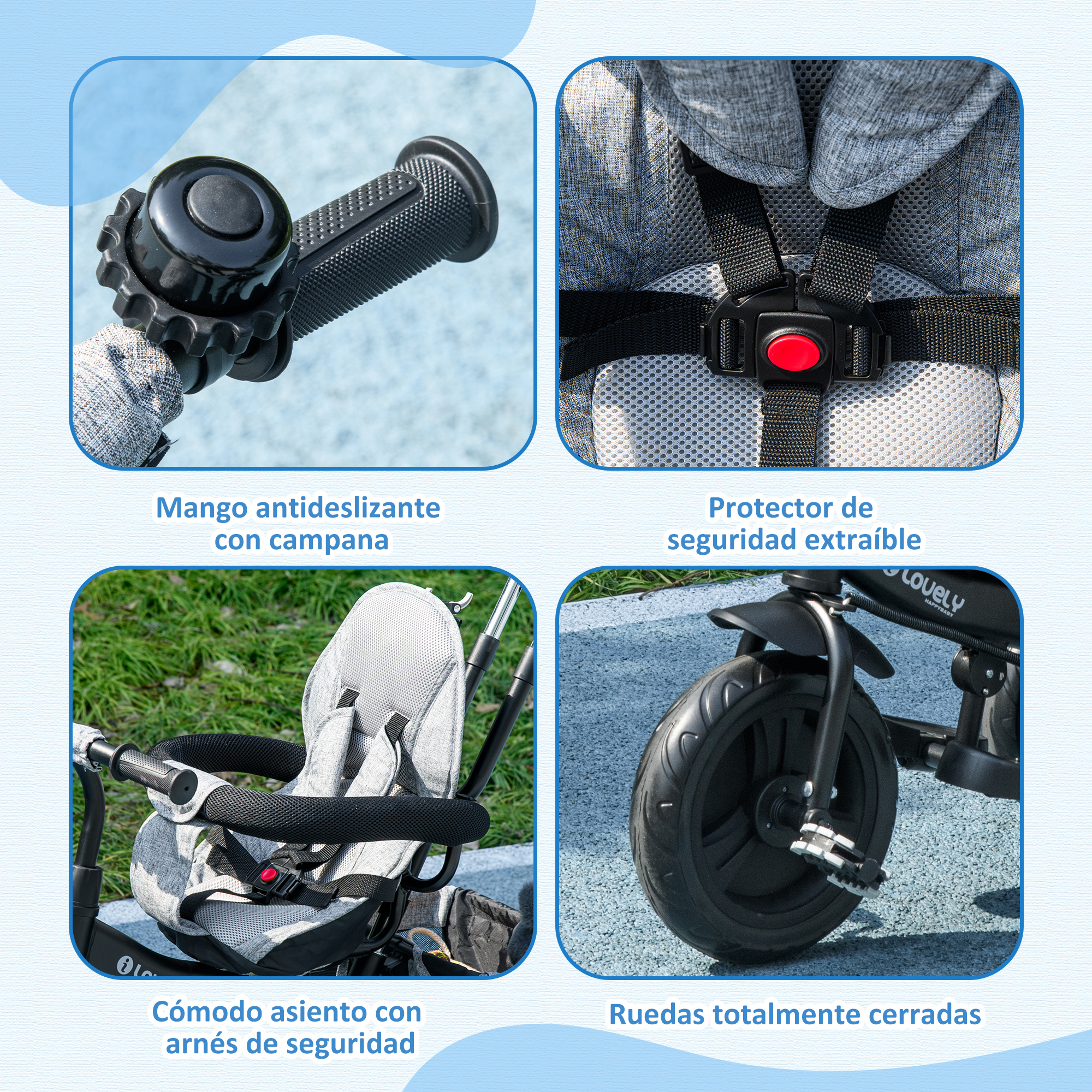 Primer plano de un triciclo con manillar negro, asiento con arnés de seguridad y neumáticos macizos.