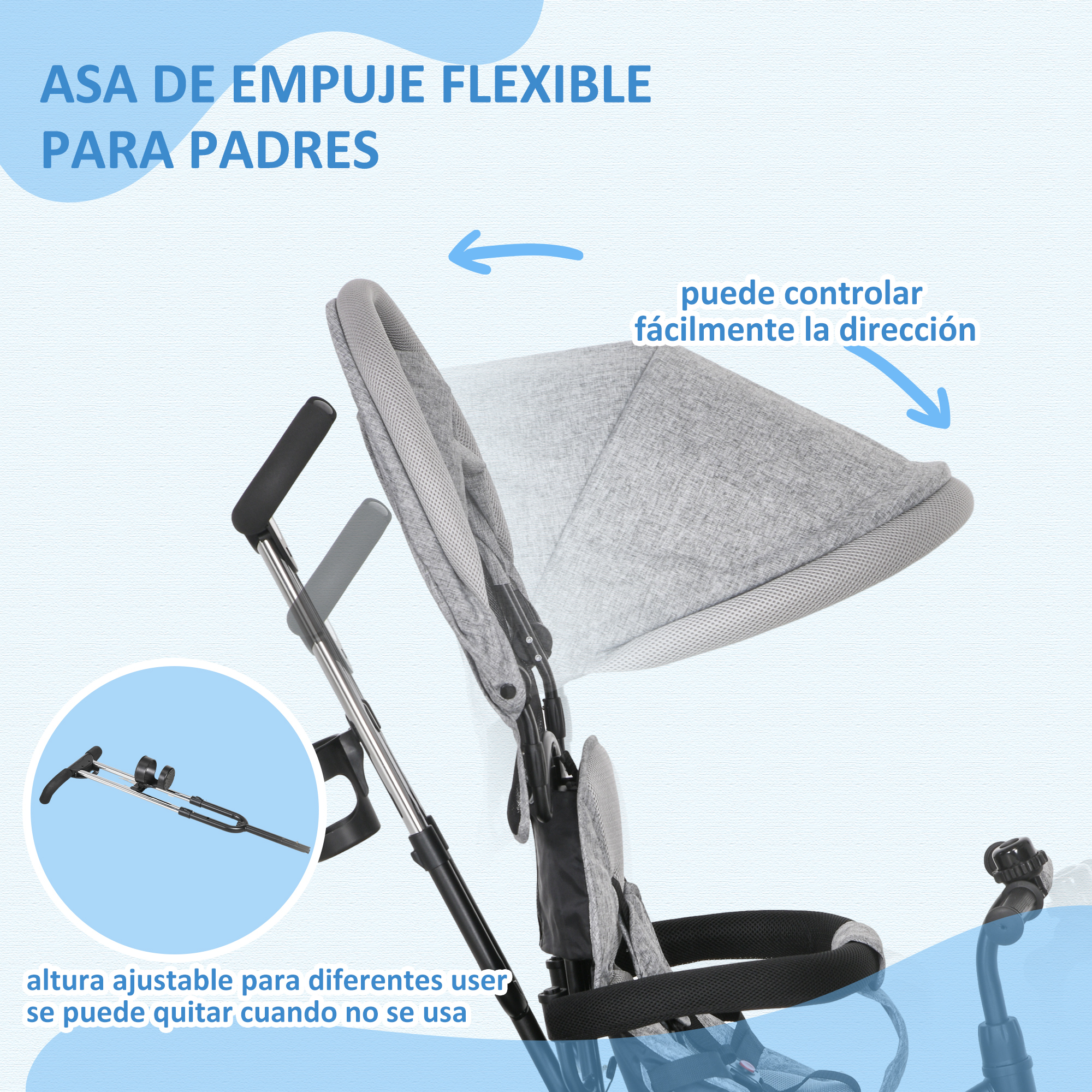 Manillar de cochecito con diseño de altura ajustable y una flecha.