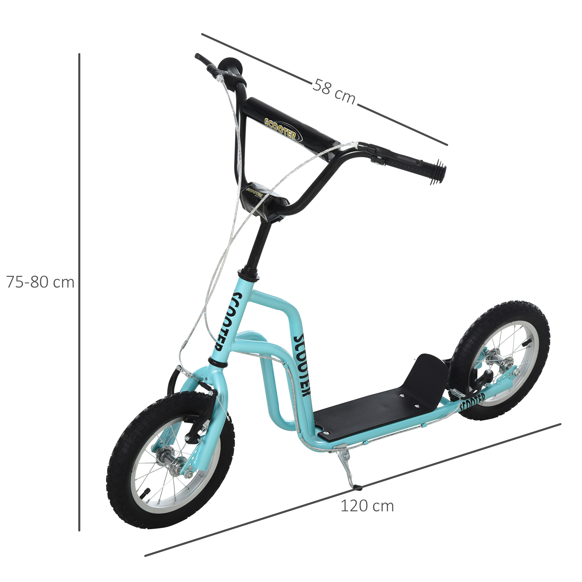Un patinete azul con medidas. Mide 120 cm de largo y 75-80 cm de alto.