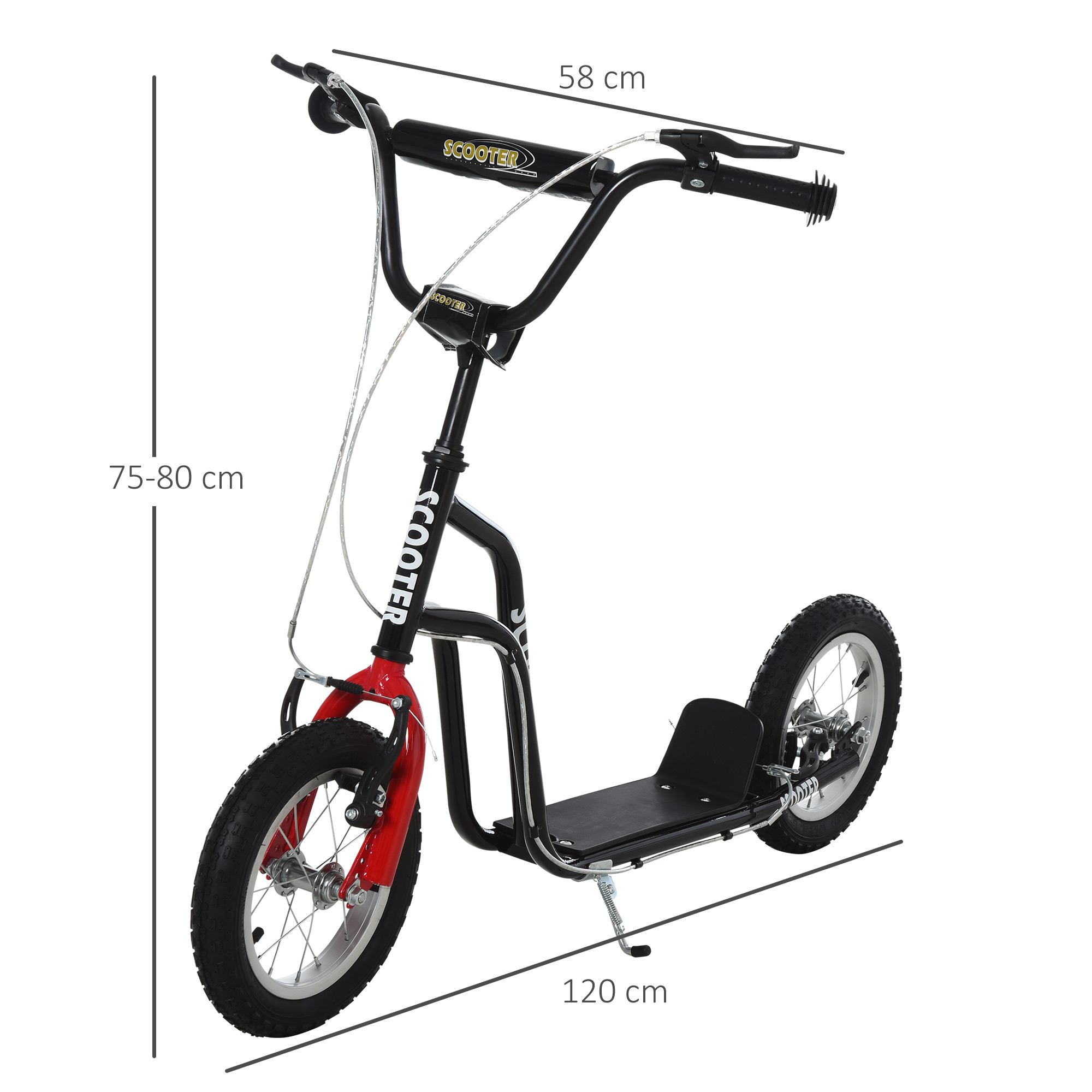 Scooter negro y rojo con ruedas grandes, dimensiones mostradas. El scooter está sobre un fondo blanco.