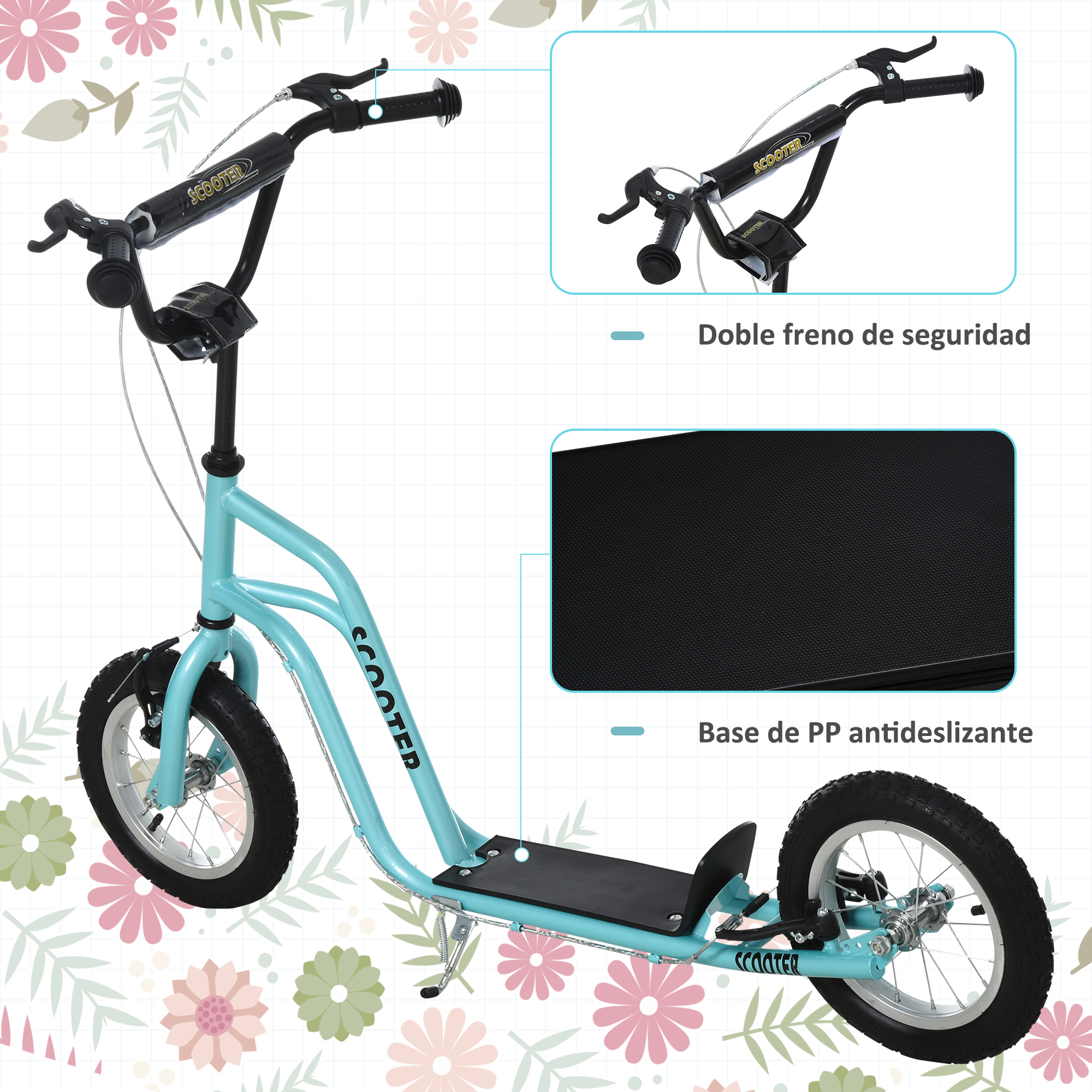 Un scooter azul claro con manijas negras y una base antideslizante de PP negra. El texto etiqueta los componentes.