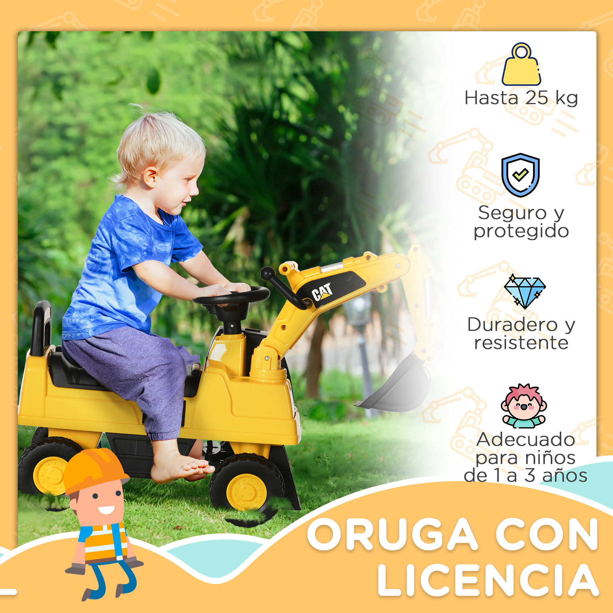 Un niño en una excavadora de juguete CAT amarilla, con iconos de seguridad y edad.