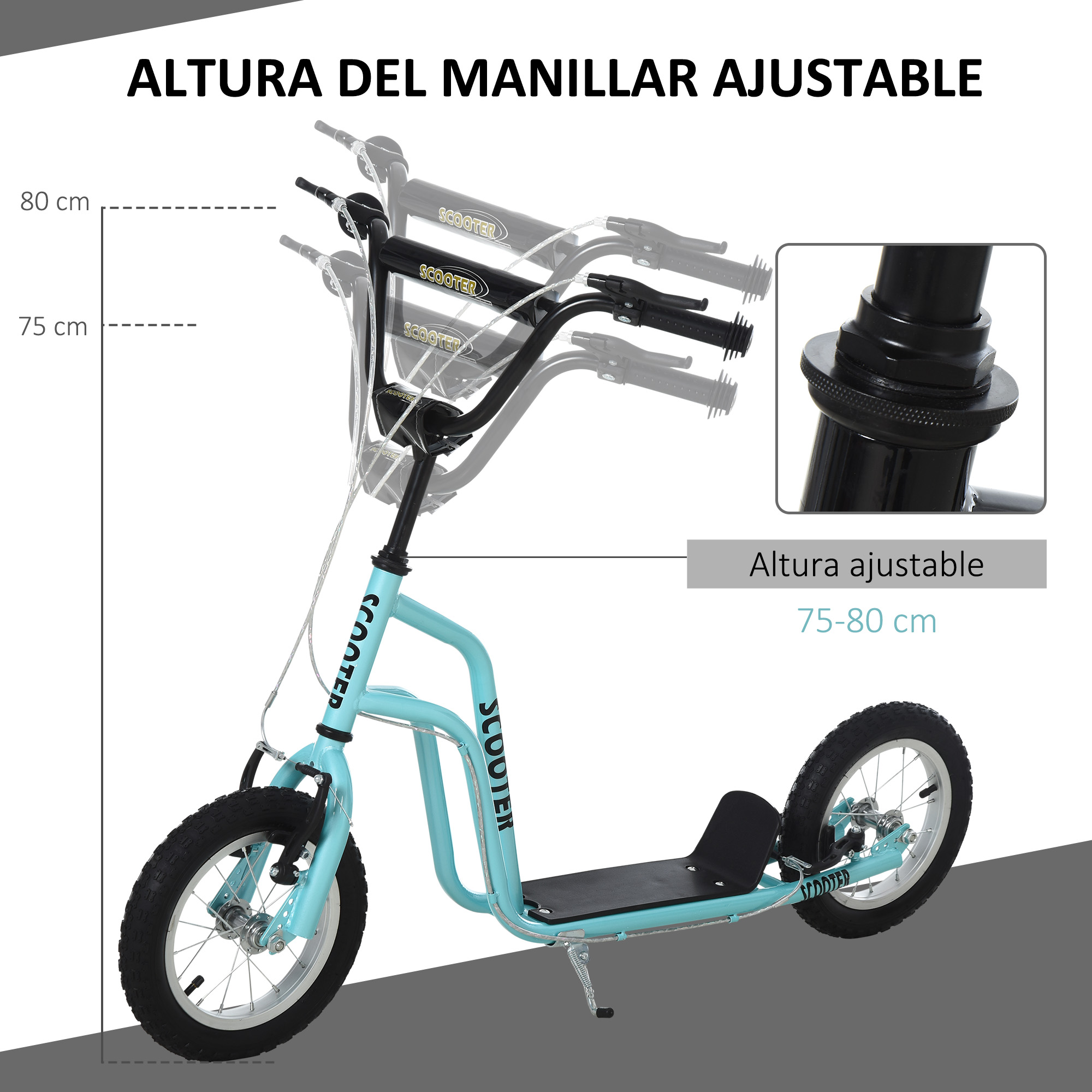 Imagen que muestra un scooter con altura de manillar ajustable, detallando el rango de altura.