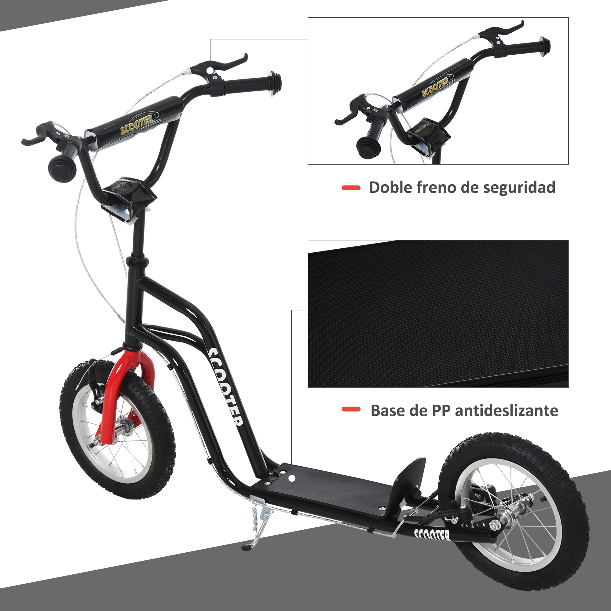 Un patinete negro con detalles rojos, detalles de dimensiones e imágenes de primer plano de los frenos y el reposapiés.