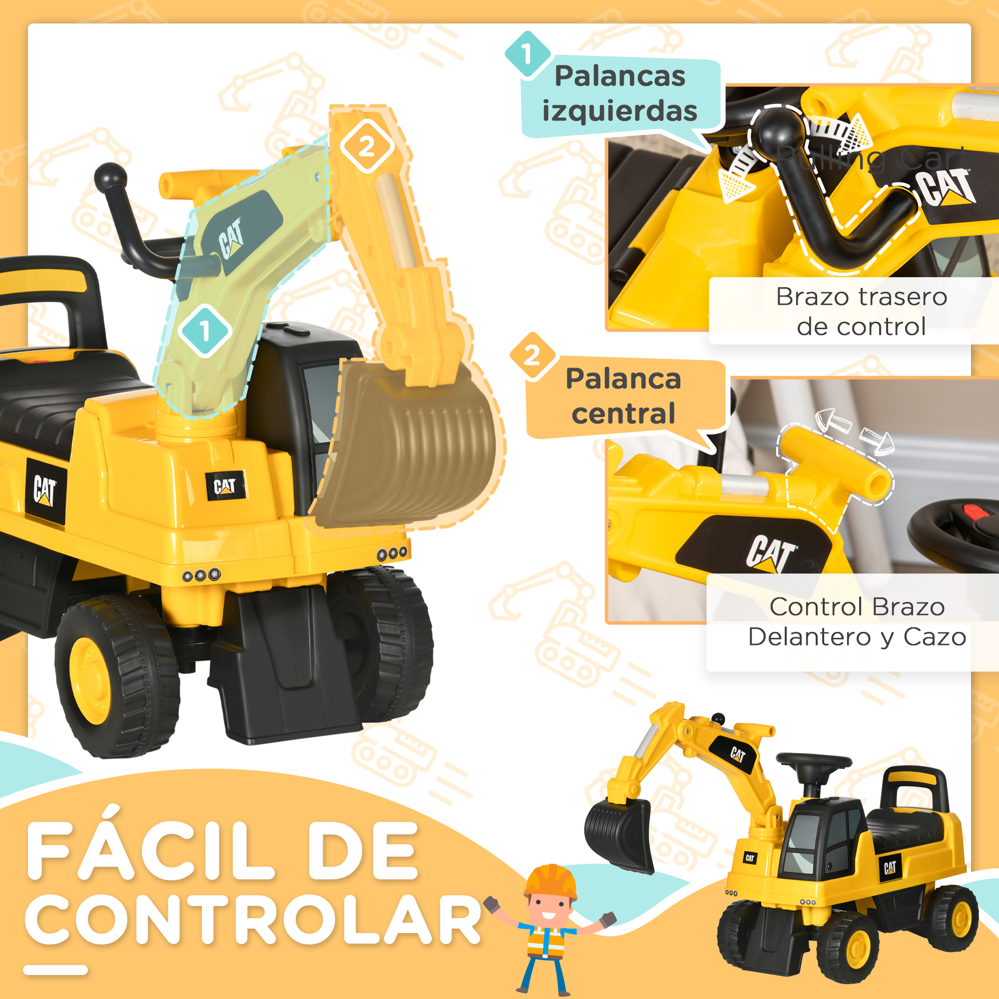 Excavadora de juguete amarilla con palancas de control y vistas detalladas, una figura pequeña abajo.