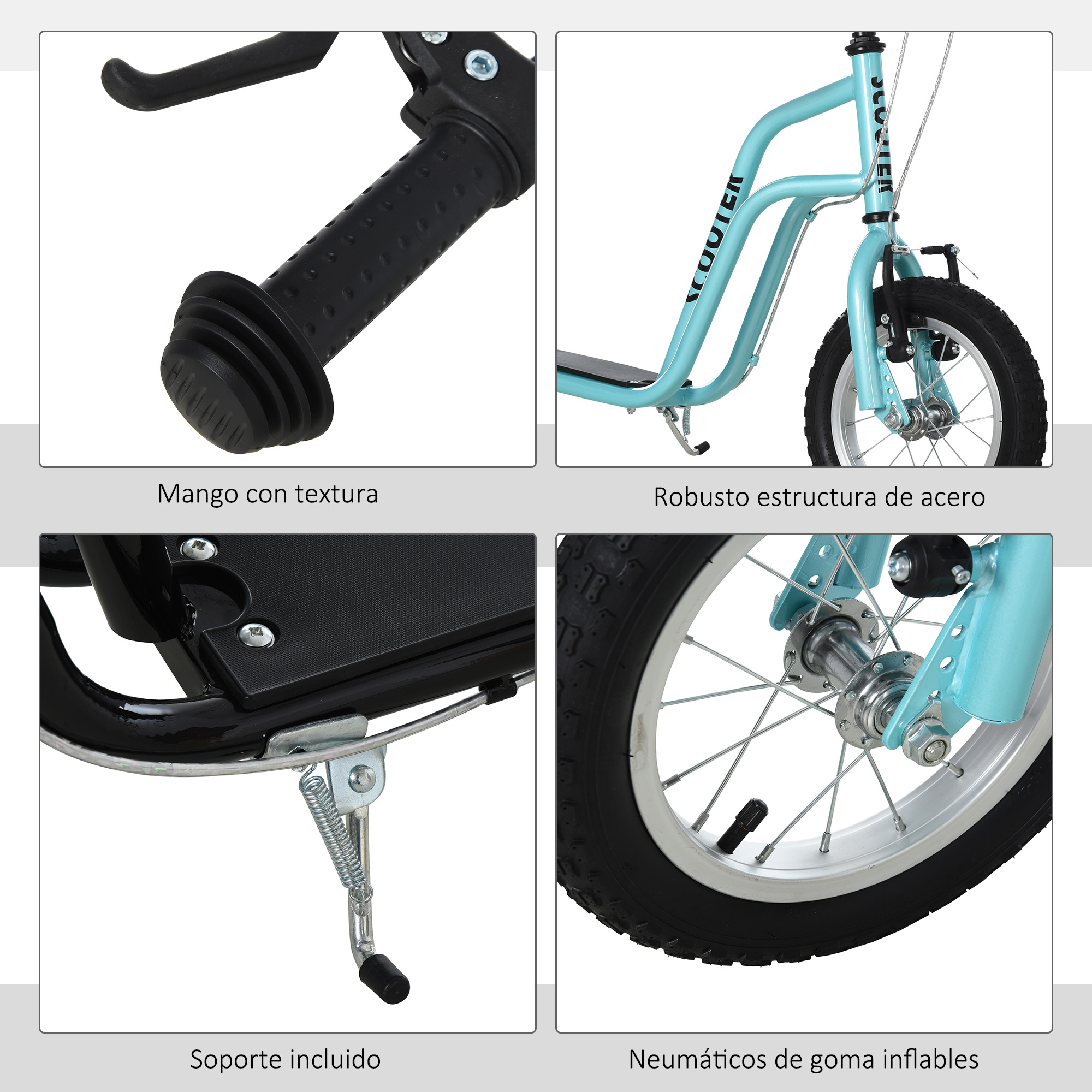 Partes del scooter: mango texturizado, marco resistente, soporte incluido y neumáticos inflables.