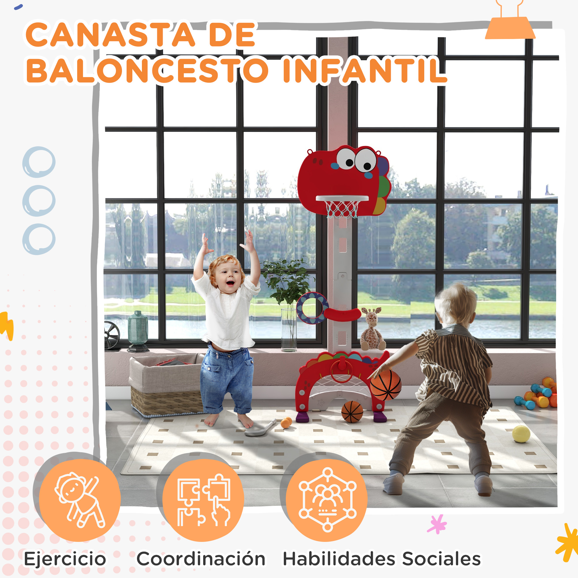 Dos niños jugando baloncesto, uno lanzando, cerca de una canasta, con iconos de ejercicio abajo.