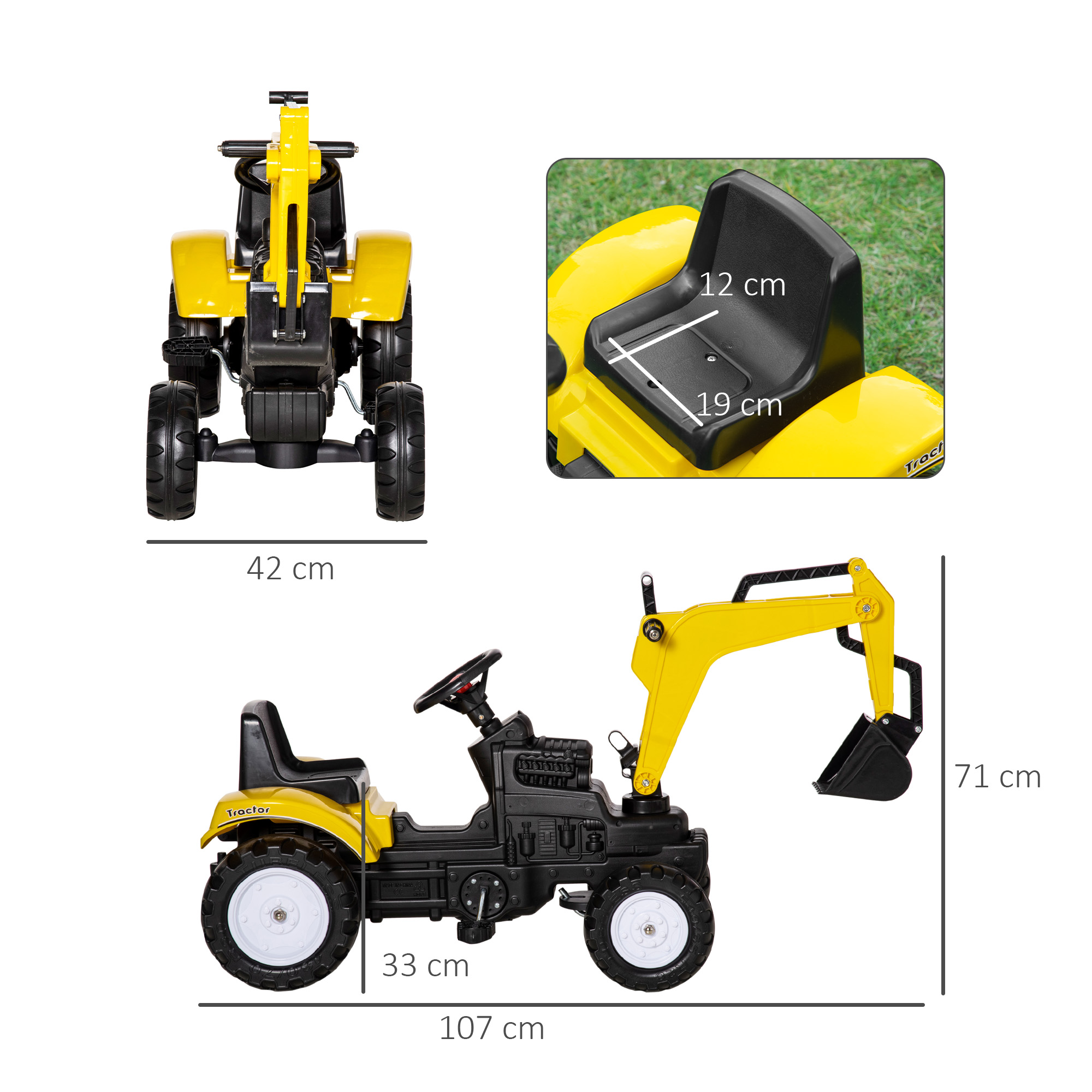 Un tractor de juguete amarillo con dimensiones y vista detallada del asiento.
