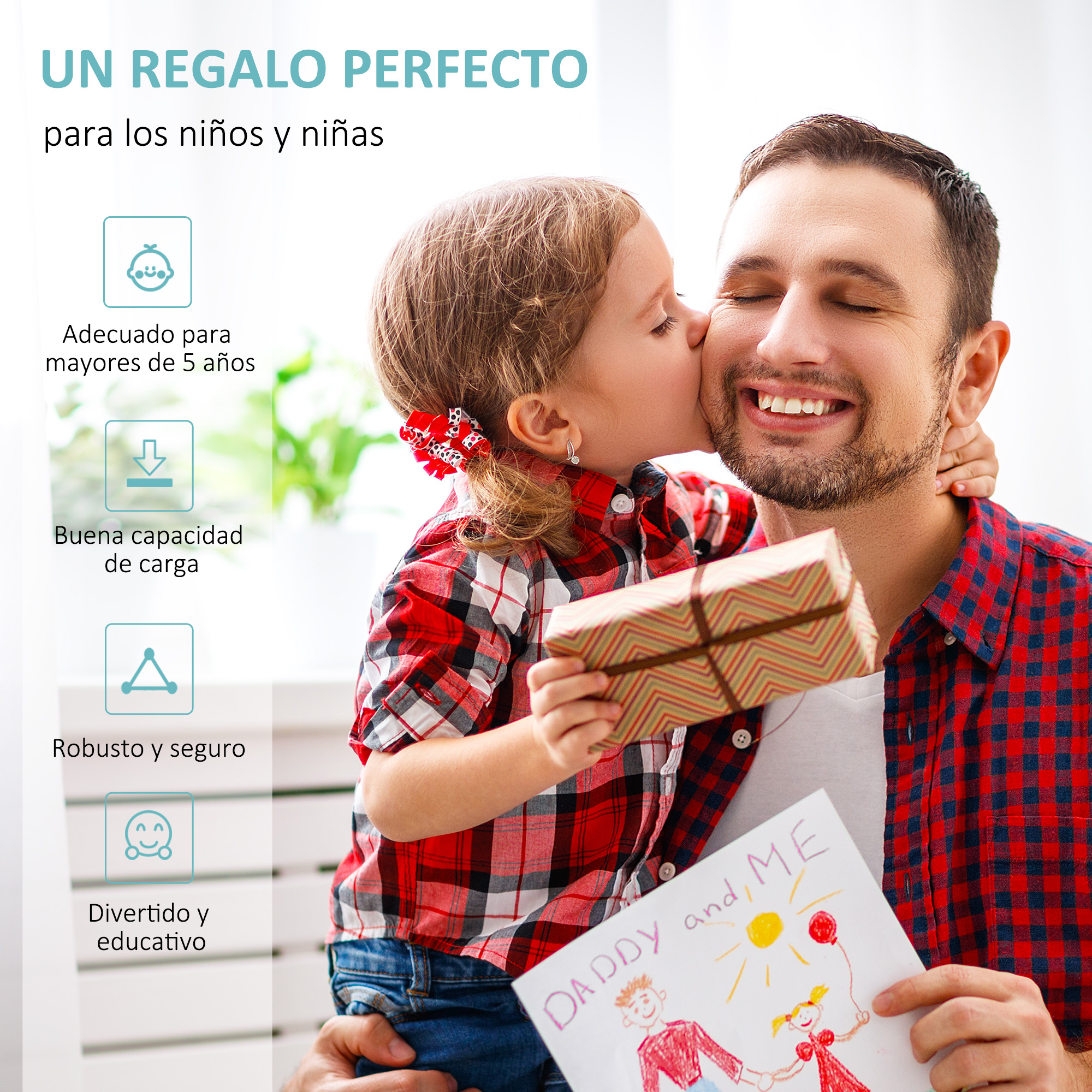 Un hombre sostiene a un niño que lo besa. Un dibujo dice 'Papá y yo'. El texto sugiere un regalo.