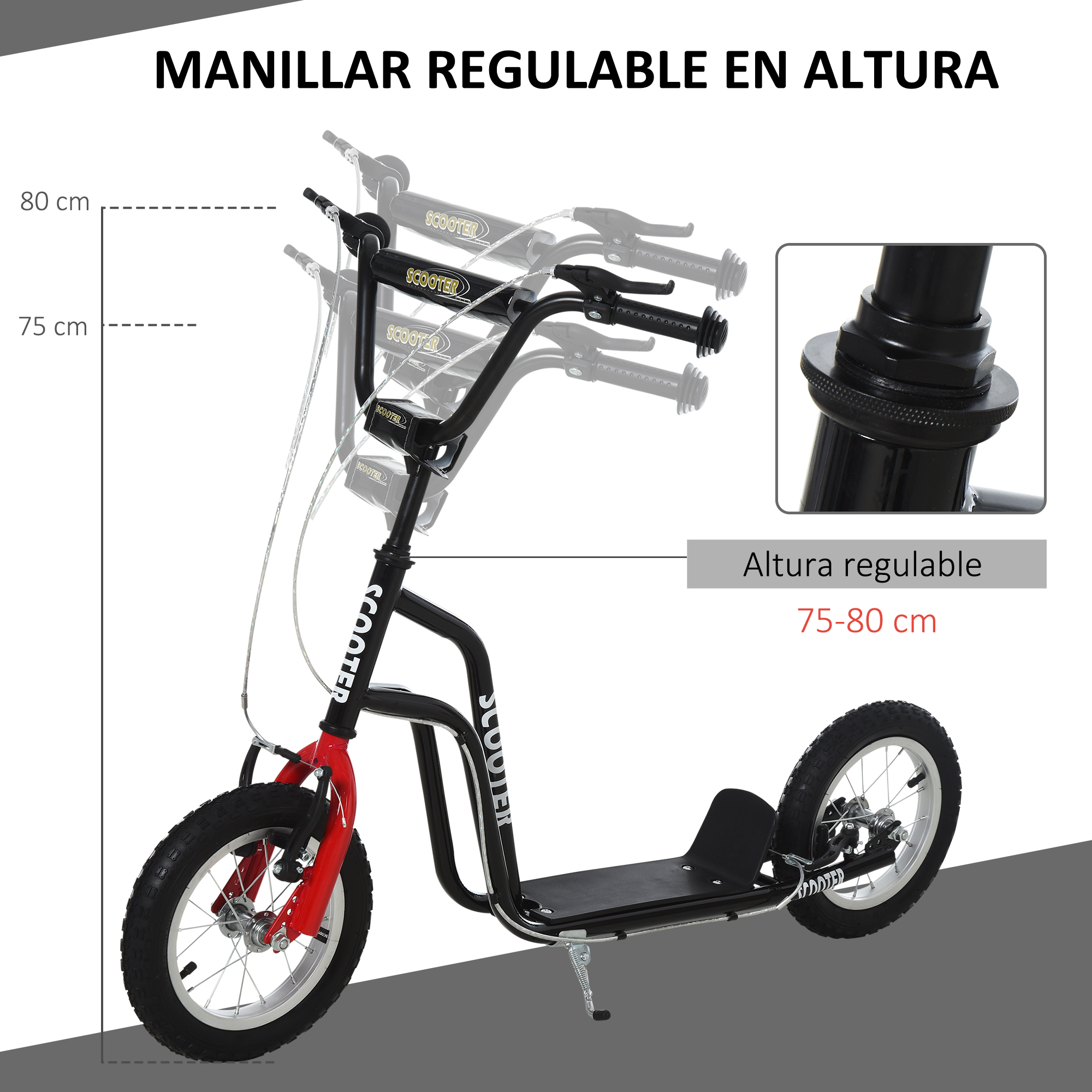 Scooter negro con manillar rojo y guía de ajuste de altura sobre fondo blanco.