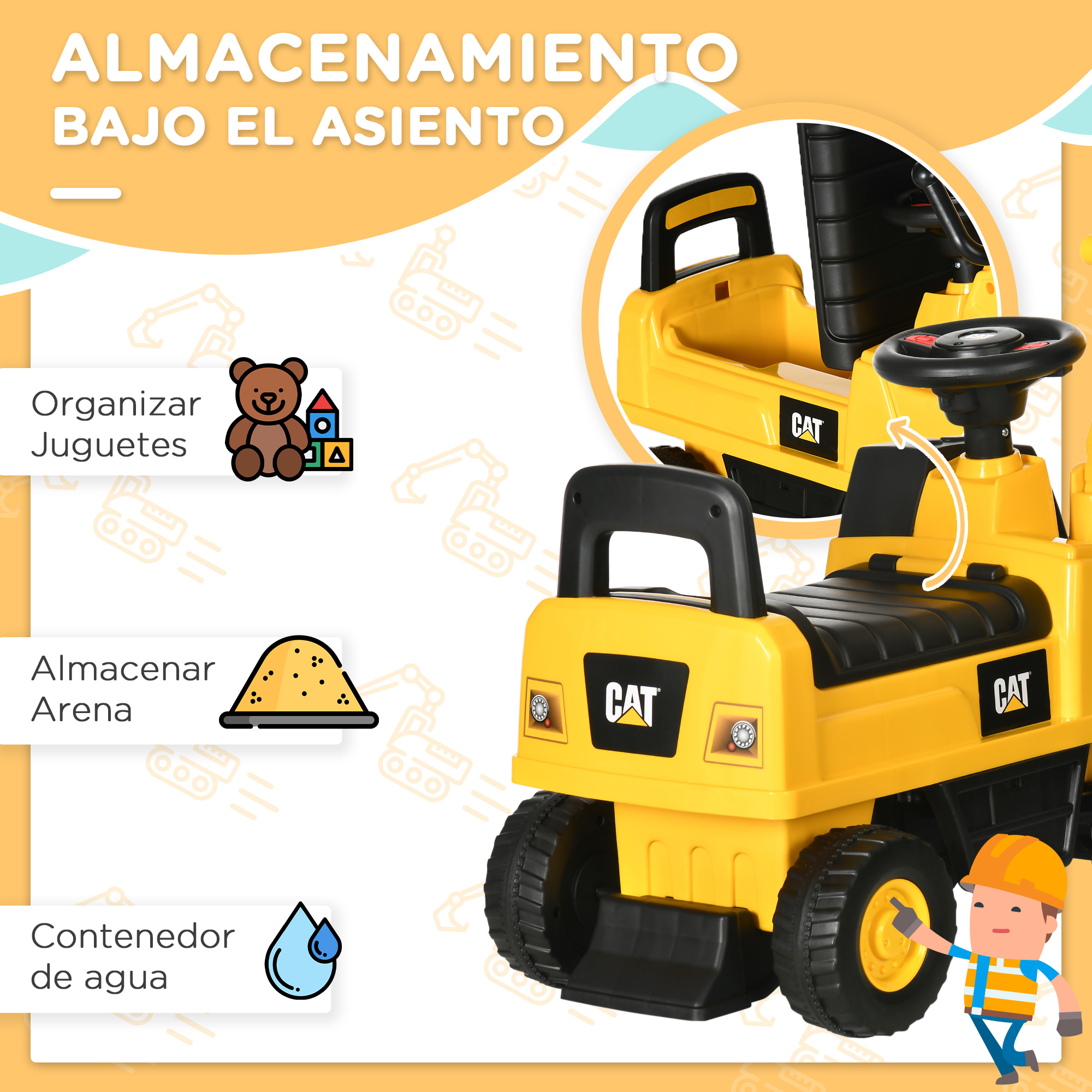 Un camión de juguete amarillo con iconos de información. Un personaje de dibujos animados de un trabajador se muestra en la esquina.