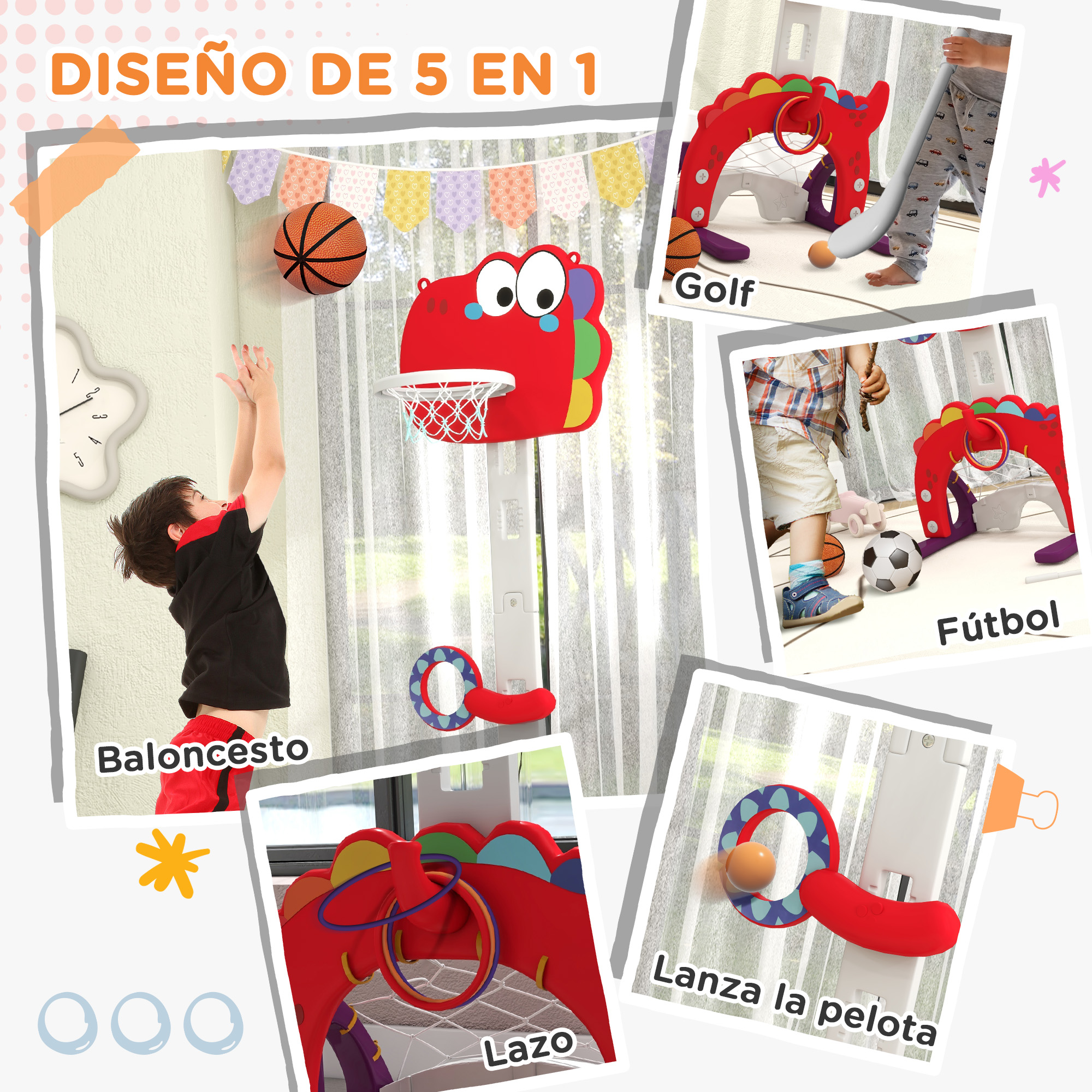 Un niño juega con un juego de juguetes multideporte, incluyendo baloncesto, golf y un juego de lanzamiento de anillos.