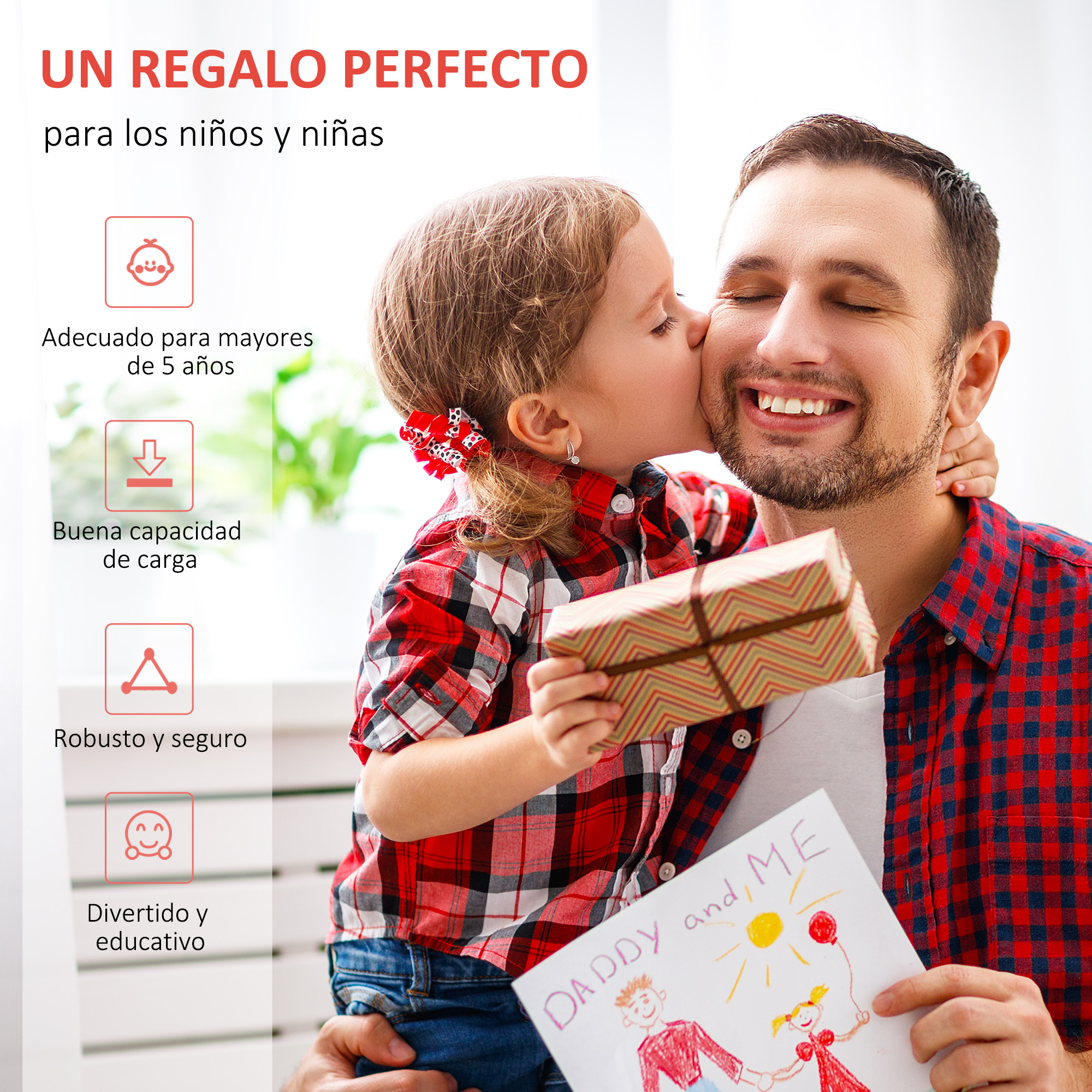 Una niña besa a un hombre que sostiene un dibujo y un regalo. El texto dice: Un regalo perfecto.